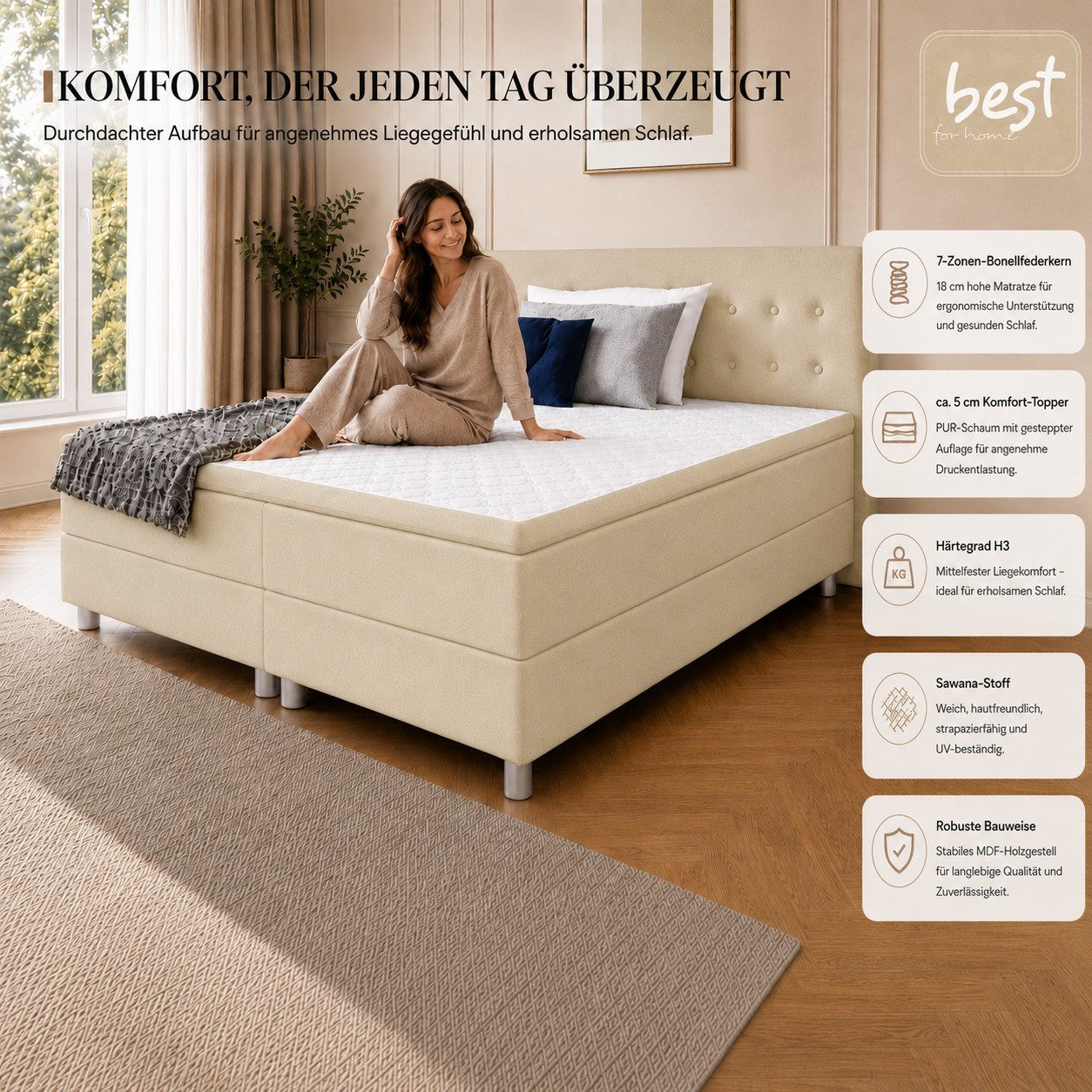 Best for Home Boxspringbett mit gepolstertem Kopfteil, komfortabler Bonnell-Matratze & 5 cm Topper (Boxspringbett-Set mit Matratze und Topper, 1-St., 90x200 120 – Bild 2 von 5