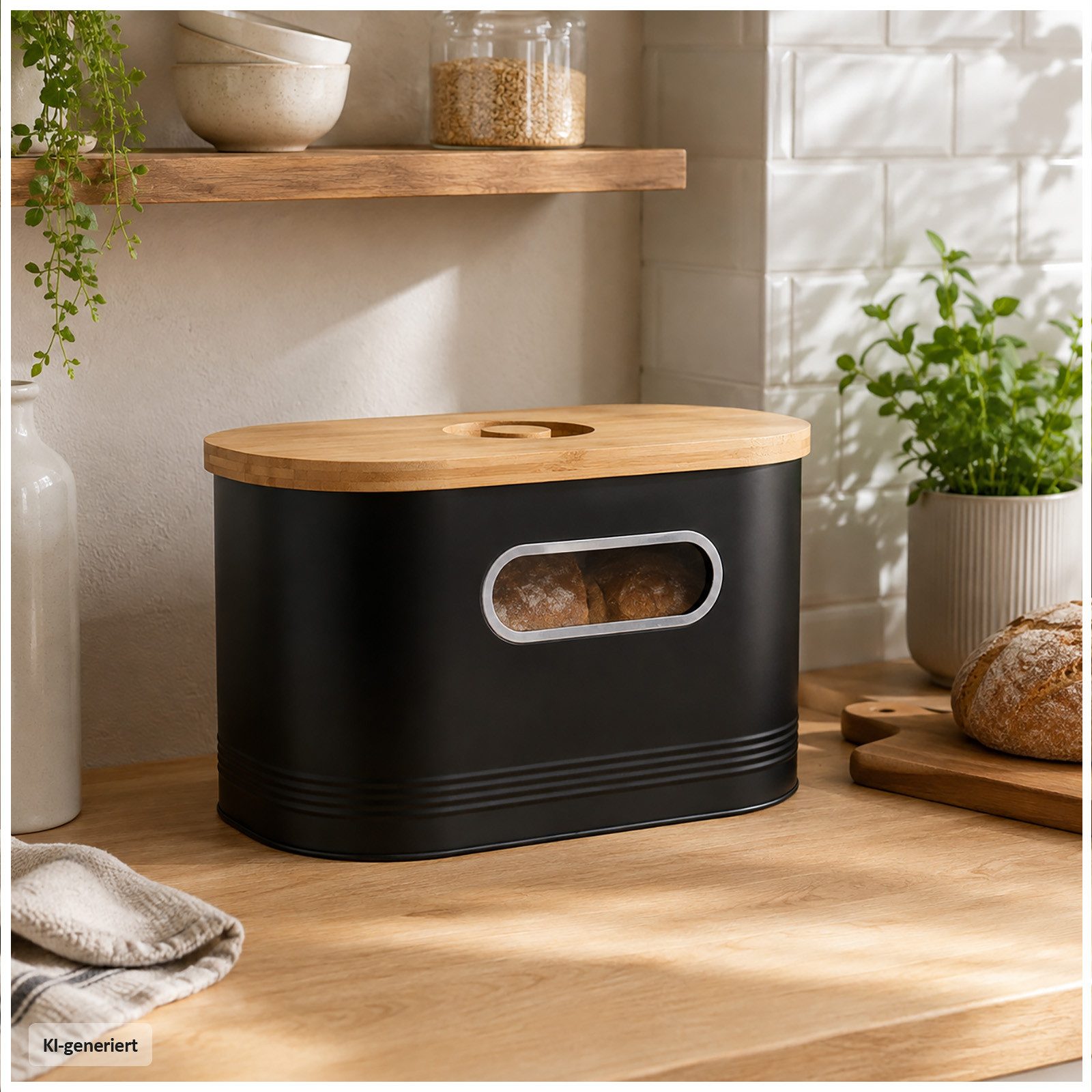 Neuetischkultur Brotkasten Brotkasten Schwarz mit Holzdeckel, Eisen, (Stück, 1-tlg., 1 Brotkasten), Brotbox Metall – Bild 5 von 5