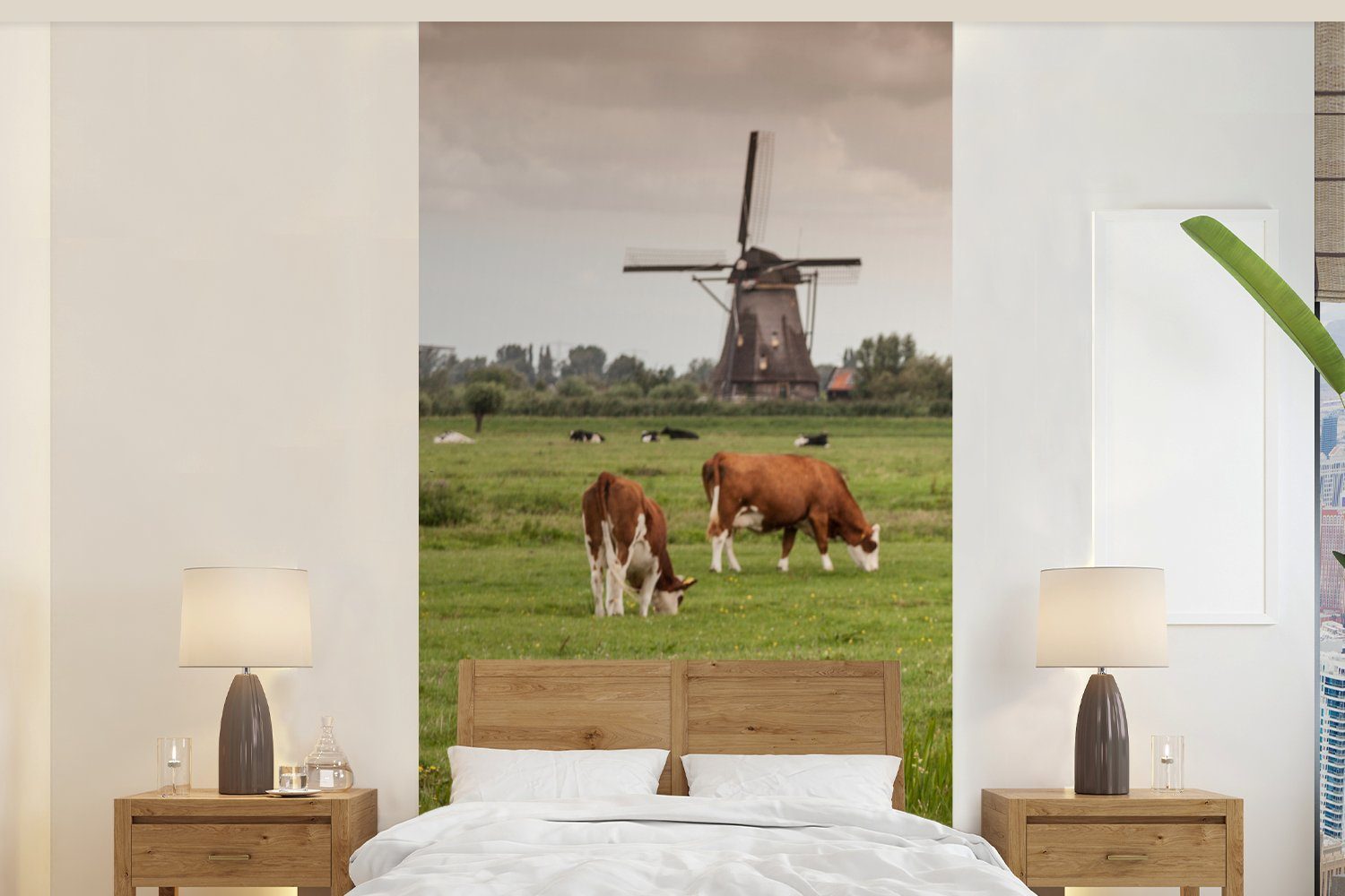 MuchoWow Fototapete Kühe - Mühle Niederlande, Wohnzimmer Schlafzimmer Vliestapete Fototapete (2 Küche, für bedruckt, - St), Matt