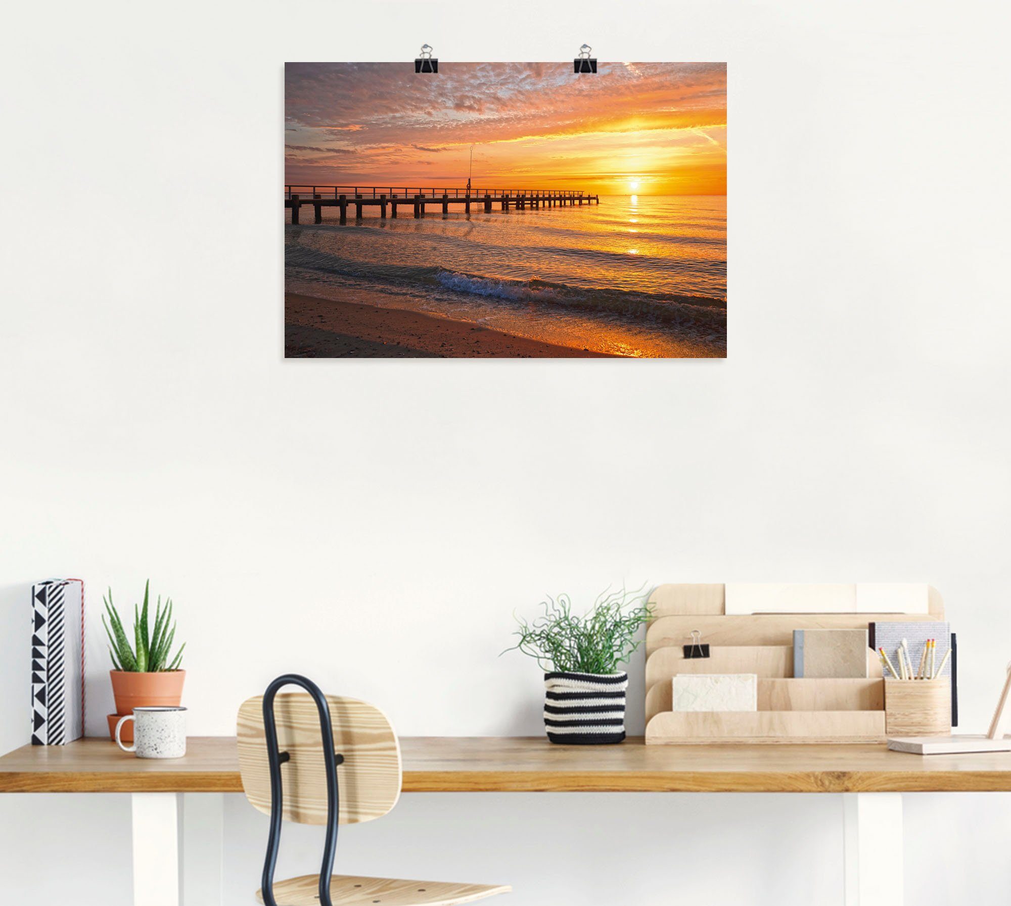 Artland Wandbild Urlaubsfeeling Sonnenuntergang am Größen Alubild, St), oder vom versch. Leinwandbild, Poster Wandaufkleber in als (1 Ostseestrand, Bilder & -aufgang