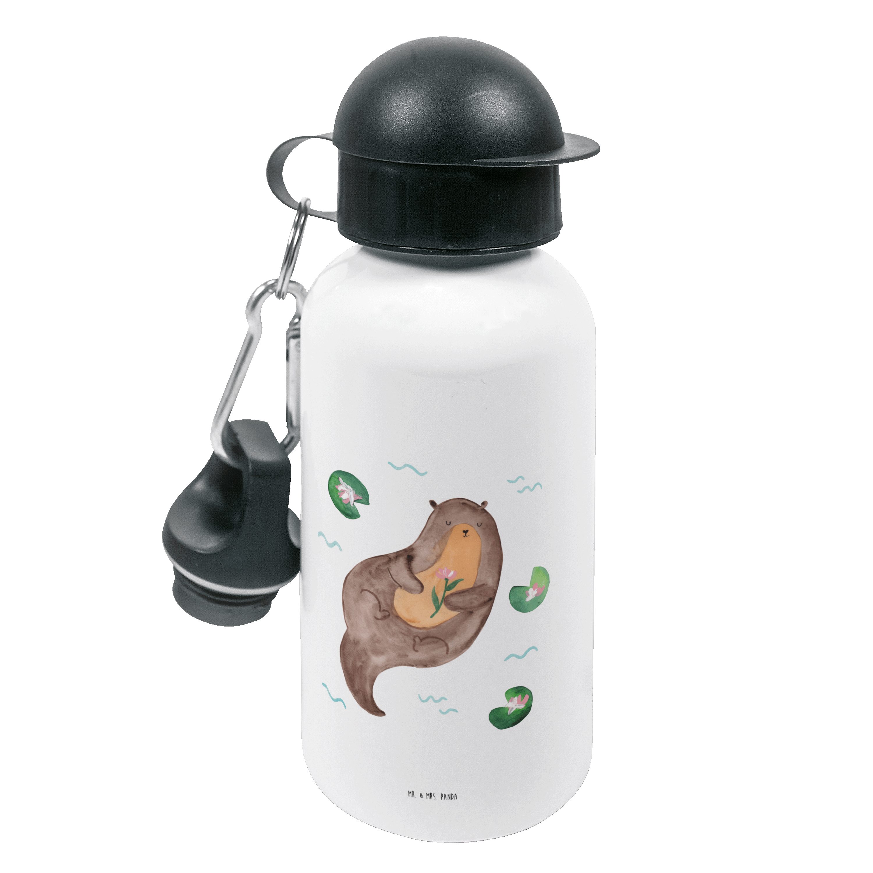 Mr. & Mrs. Panda Trinkflasche Otter Seerose - Weiß - Geschenk, Seeotter, Kinder Trinkflasche, Kinde, Mundstück mit Deckel