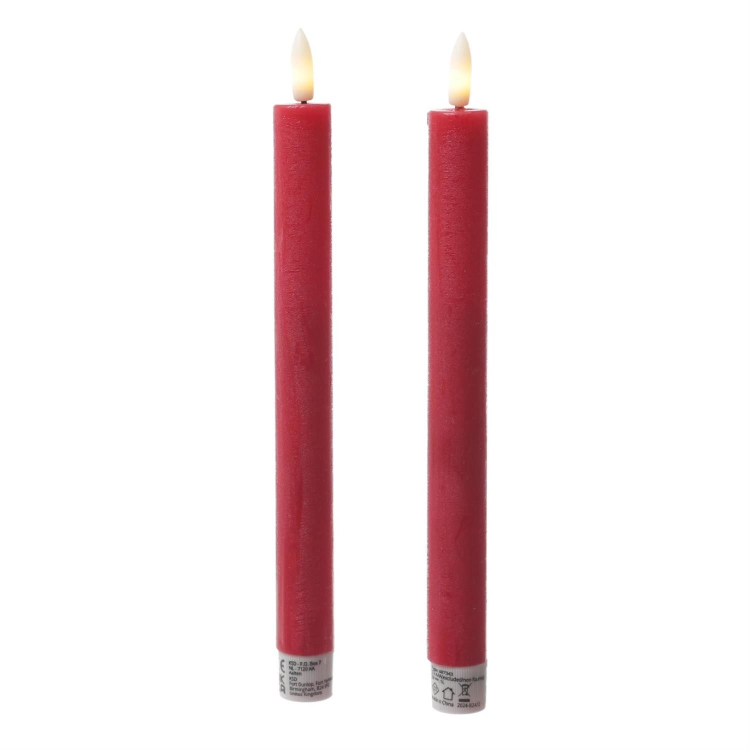LED-Kerze LED Stabkerzen Tafelkerzen Dinner Spitzkerzen rustikal 24cm rot 2St