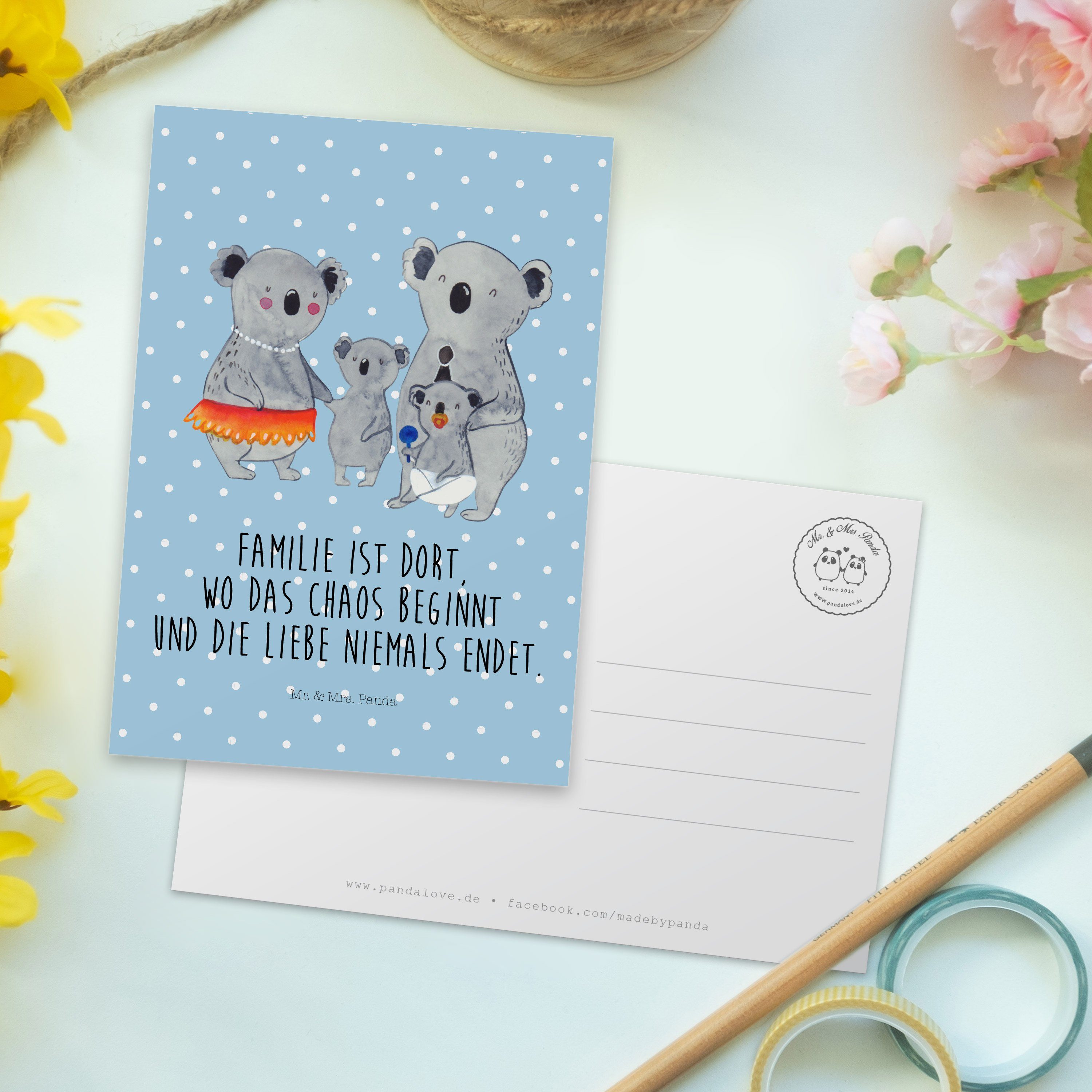 Mr. & Mrs. Panda Blau Familie - Pastell - Postkarte Mama, Ansichtskarte, Bruder Koala Geschenk