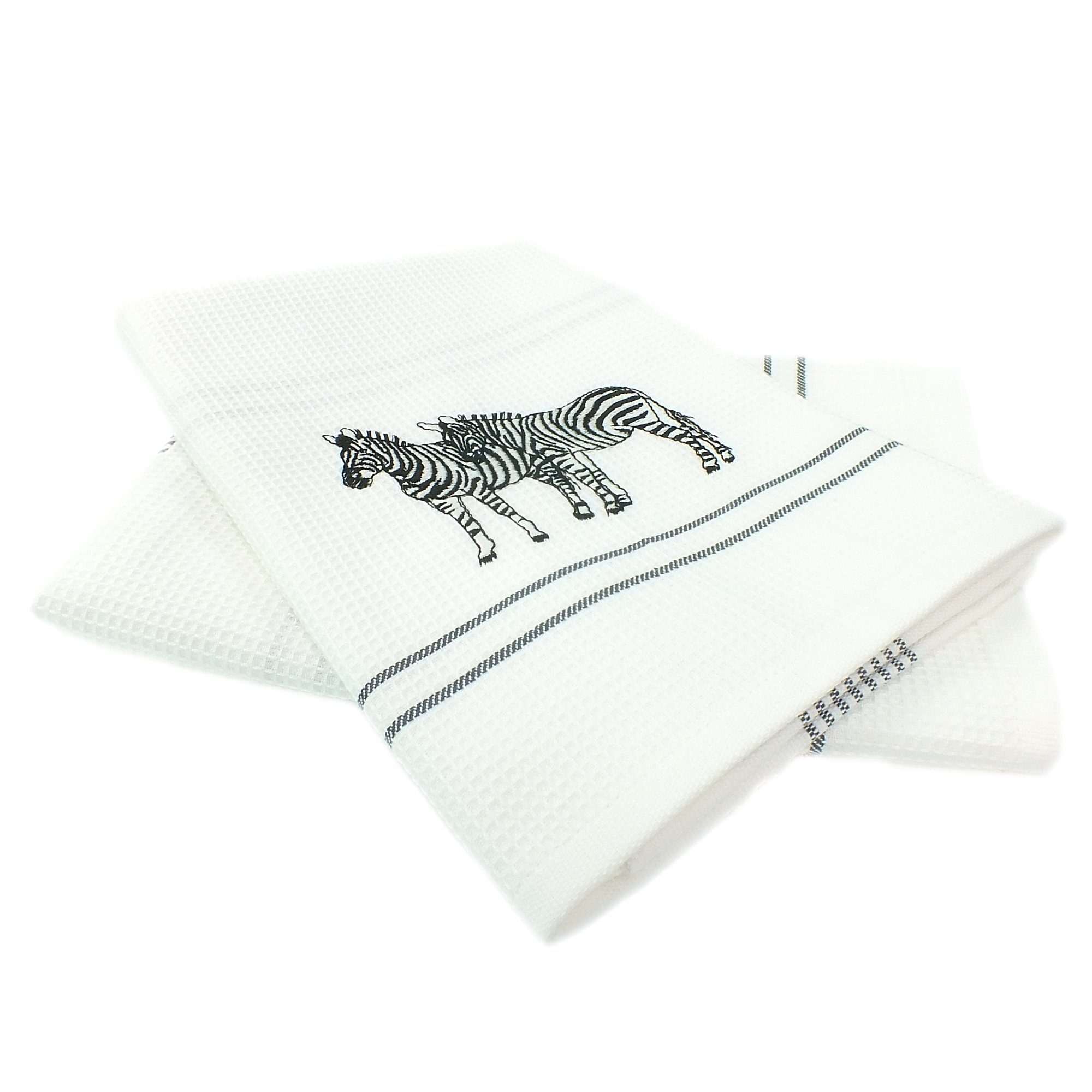 Lasa Home Geschirrtuch Embroideries, (Set, 2-tlg), 2er Pack Geschirrtücher ca.50x70cm Baumwolle Stickerei Waffelpique Zebra