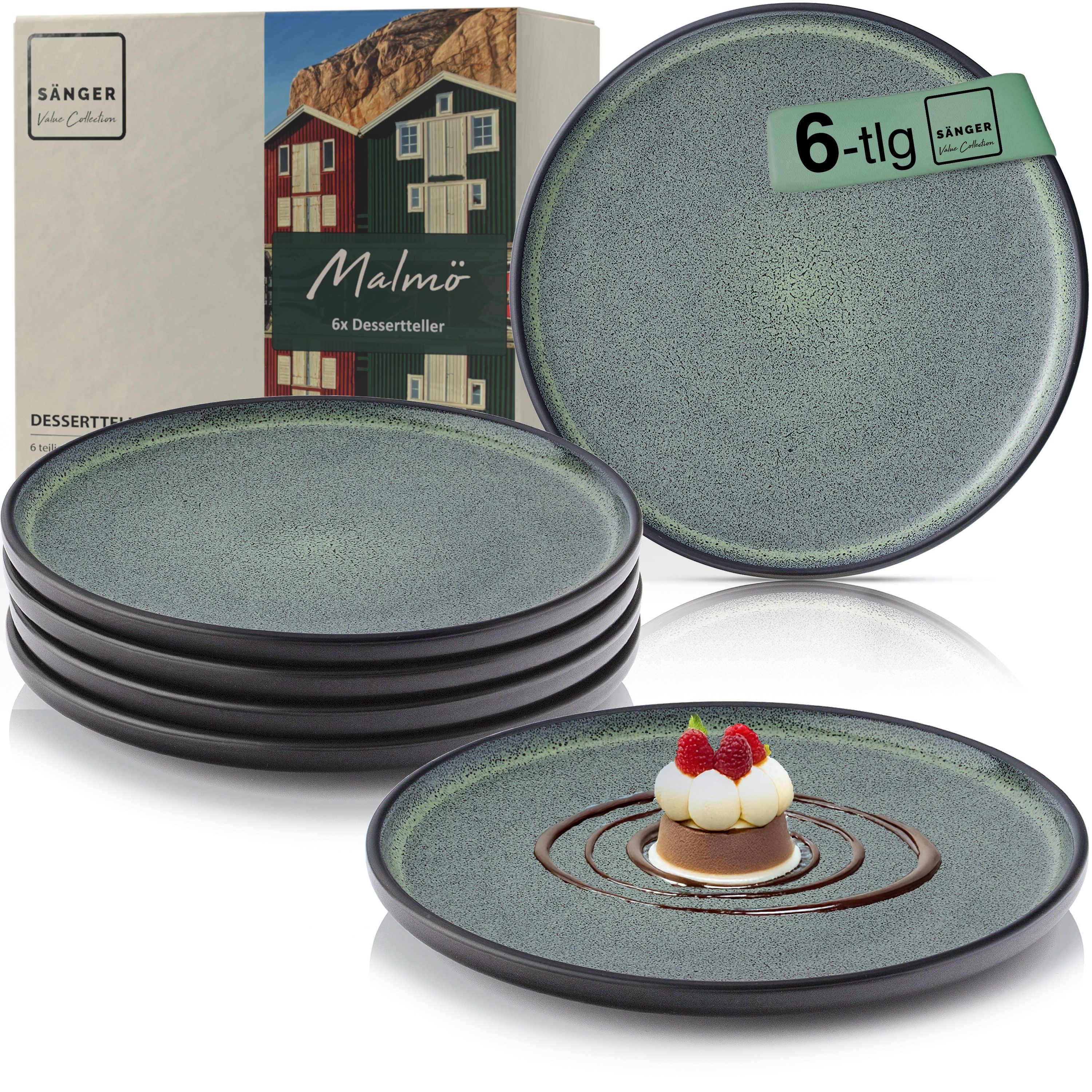 SÄNGER Teller Set Malmö, (6 St), Dessertteller Set, Steingut, Handmade, Blau-Schwarz, VALUE COLLECTION