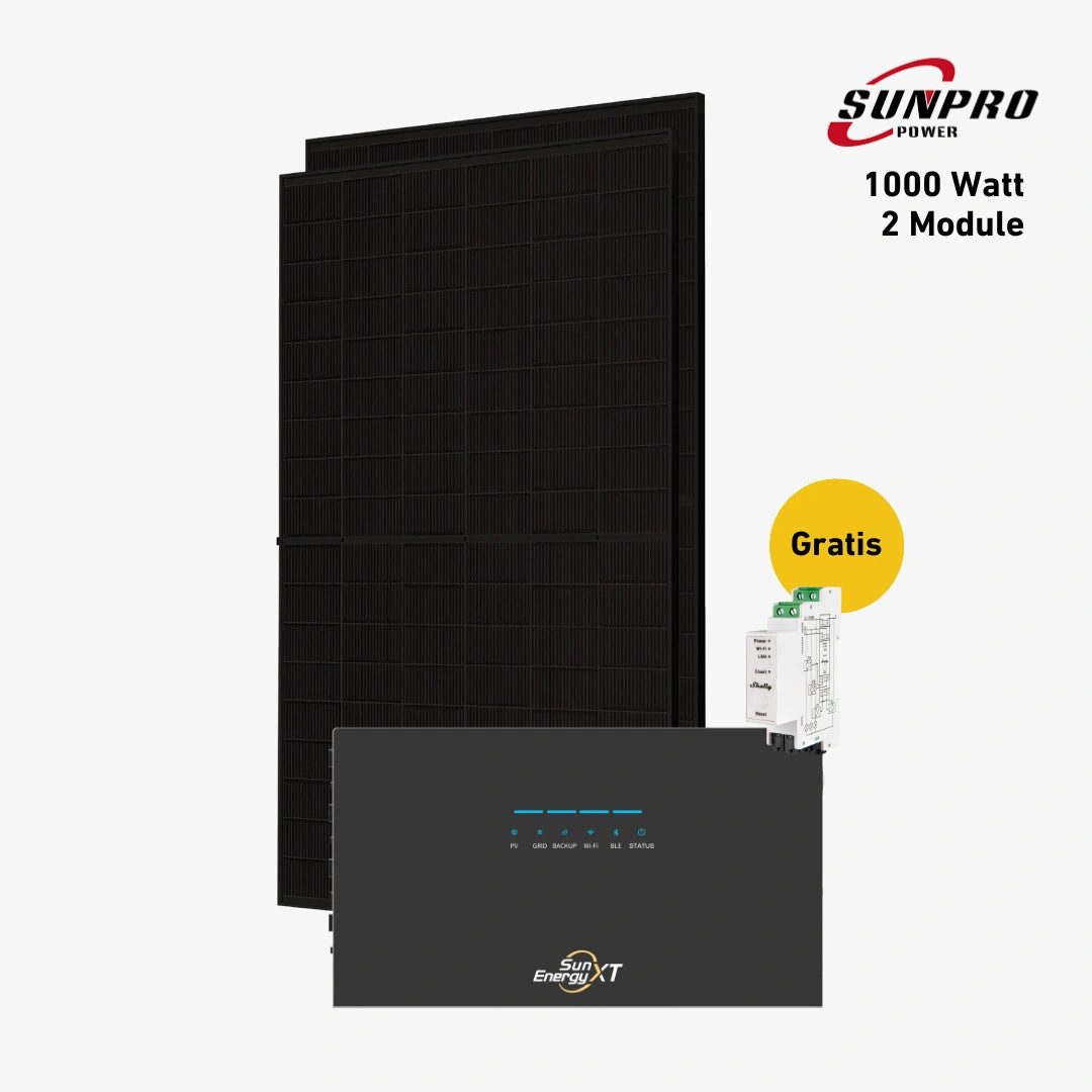 Balkonstrom Balkonkraftwerk 1000W + Speicher, SunEnergyXT 500 Pro, Komplettset, Bifazial, 1000 W, Monokristallin, Halterung für Dach, Fassade, Balkon & Garten, App & Plug&Play DE