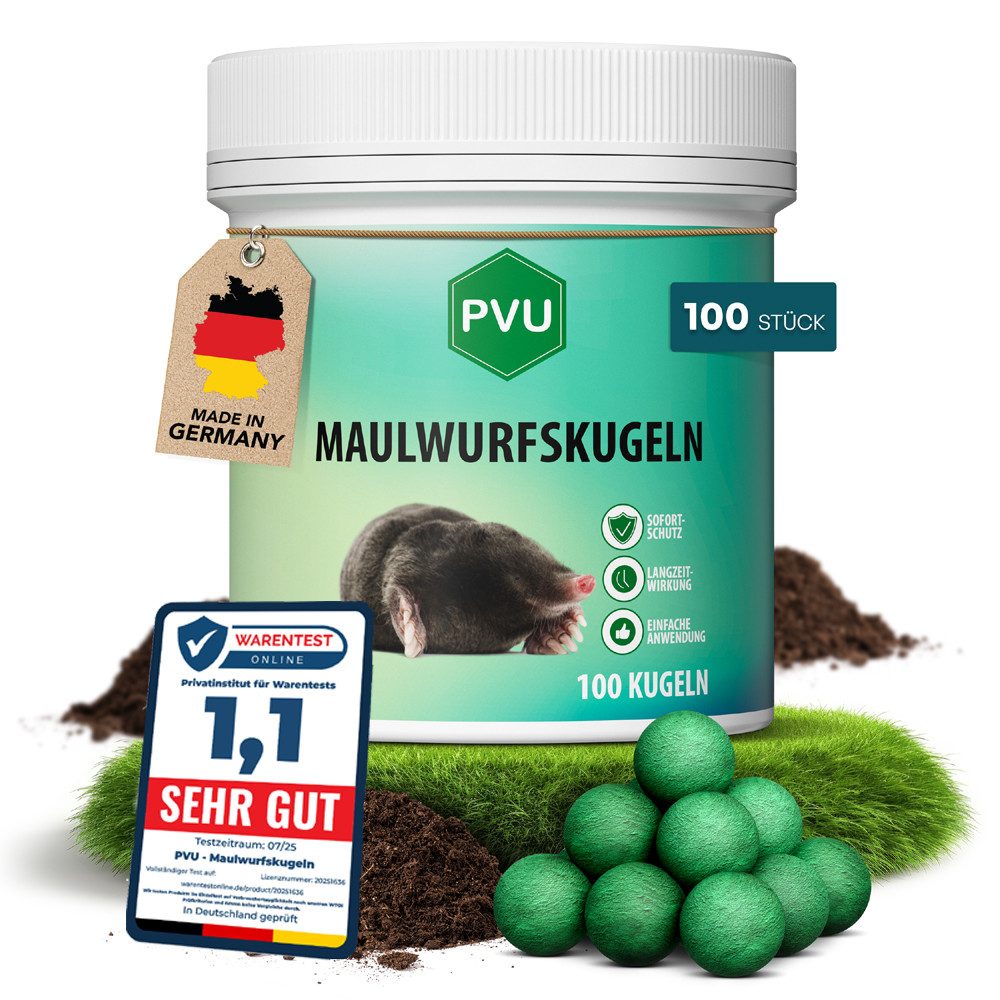 PVU Vergrämungsmittel Maulwurfkugeln, Maulwürfe vertreiben, MADE IN GERMANY, 100-St., MAULWURF VERTREIBER MADE IN GERMANY