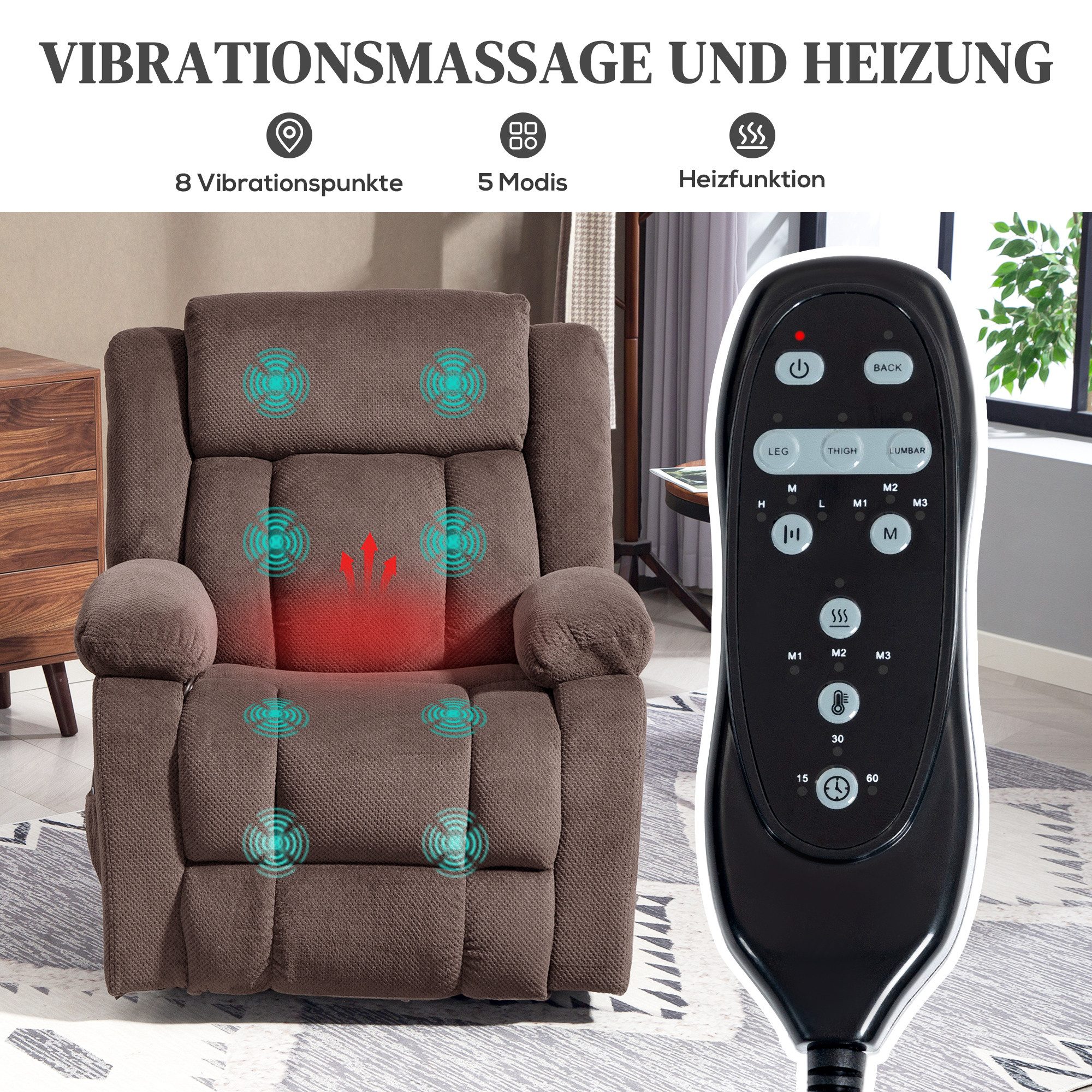 HOMCOM Massagesessel Drehbar Fernsehsessel mit Vibrationsmassage, Heizfunktion (Set, 1-St., 1), 150° Liege, 8-Punkt-Massage, Lendenwärme – Bild 4 von 5