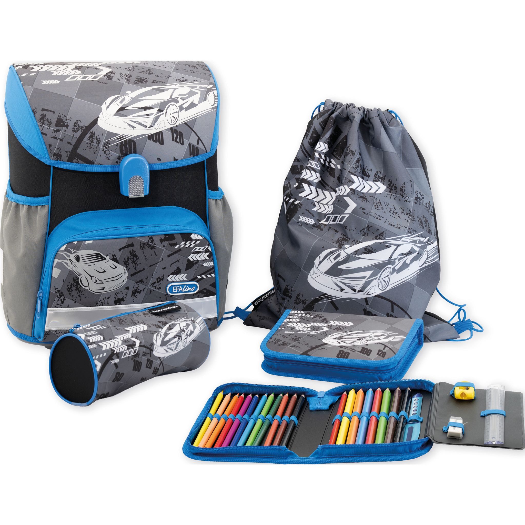 Eberhard Faber Schulranzen EBERHARD FABER Schulranzen Set EFAlino 4-teilig RACE CAR blau