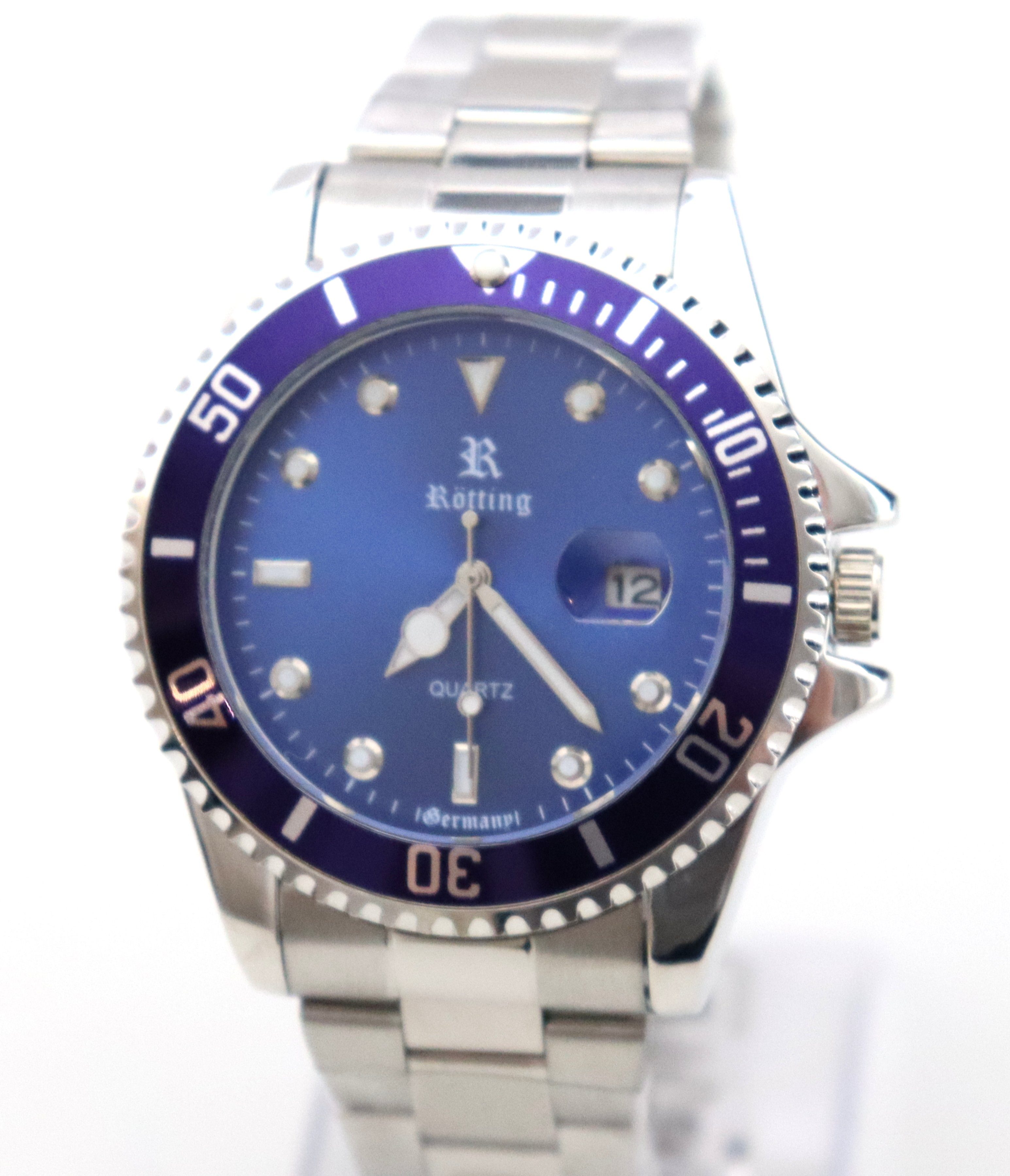 Rötting Design Quarzuhr Herrenuhr Quarz blaue Lünette zum Drehen blaues Ziffernblatt, aus der Collection "Rötting", Datumsanzeige