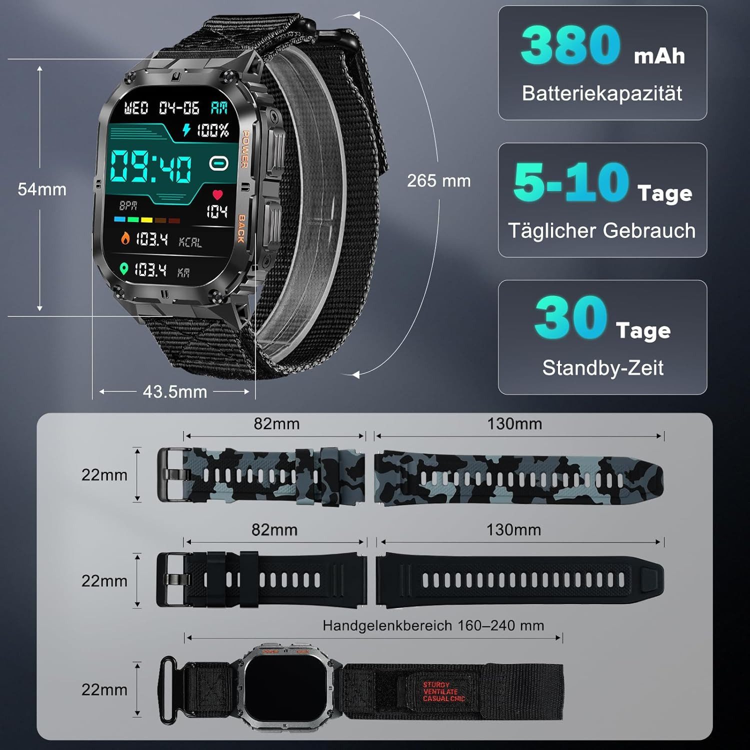 MEGALITH Smartwatch K61Pro Smartwatch (4,9 cm, android ios), Outdoor Smartwatch Herren mit AMOLED Display und Sportfunktionen