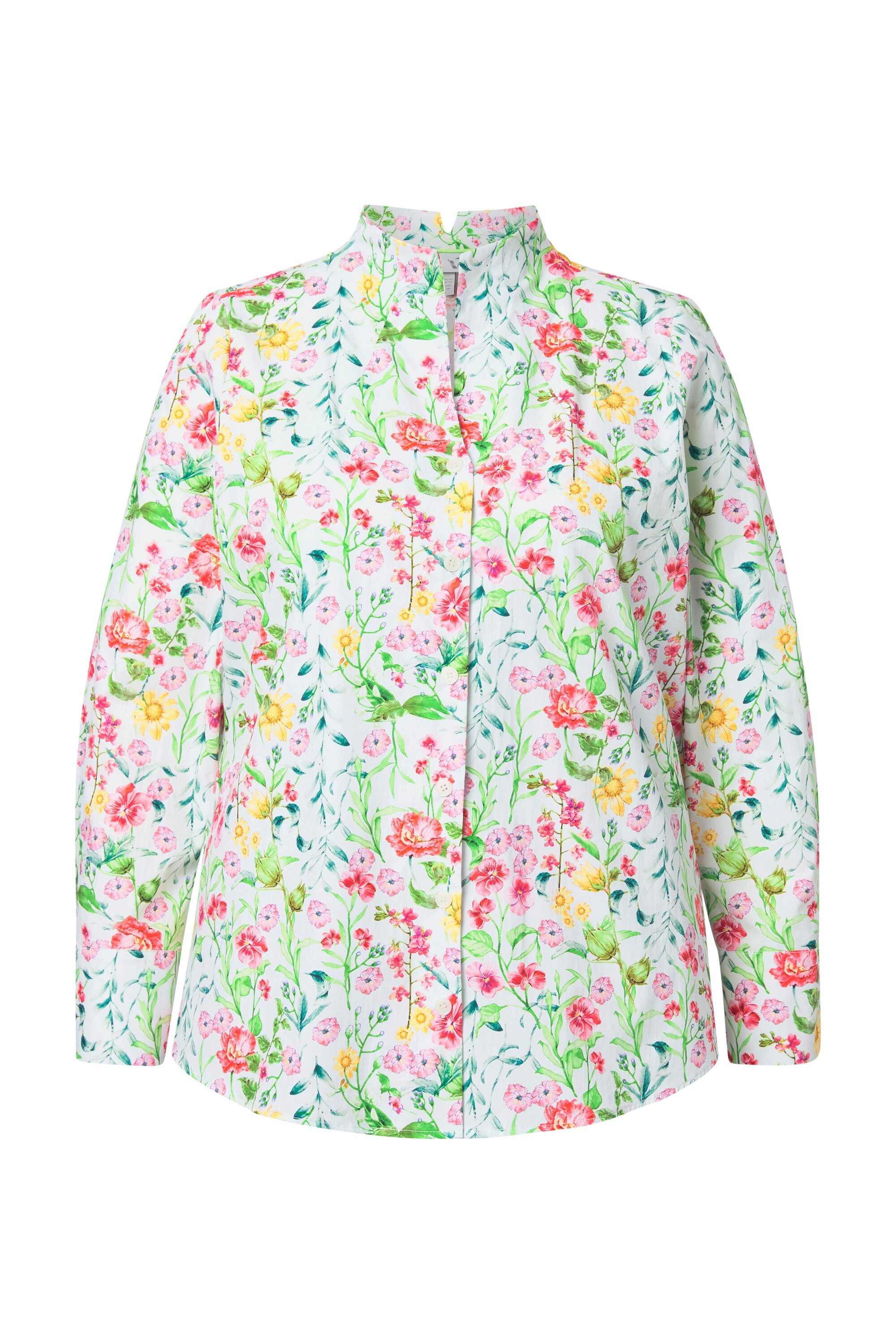 Ulla Popken Longbluse Bluse Blüten Kelchkragen V-Ausschnitt Langarm günstig online kaufen