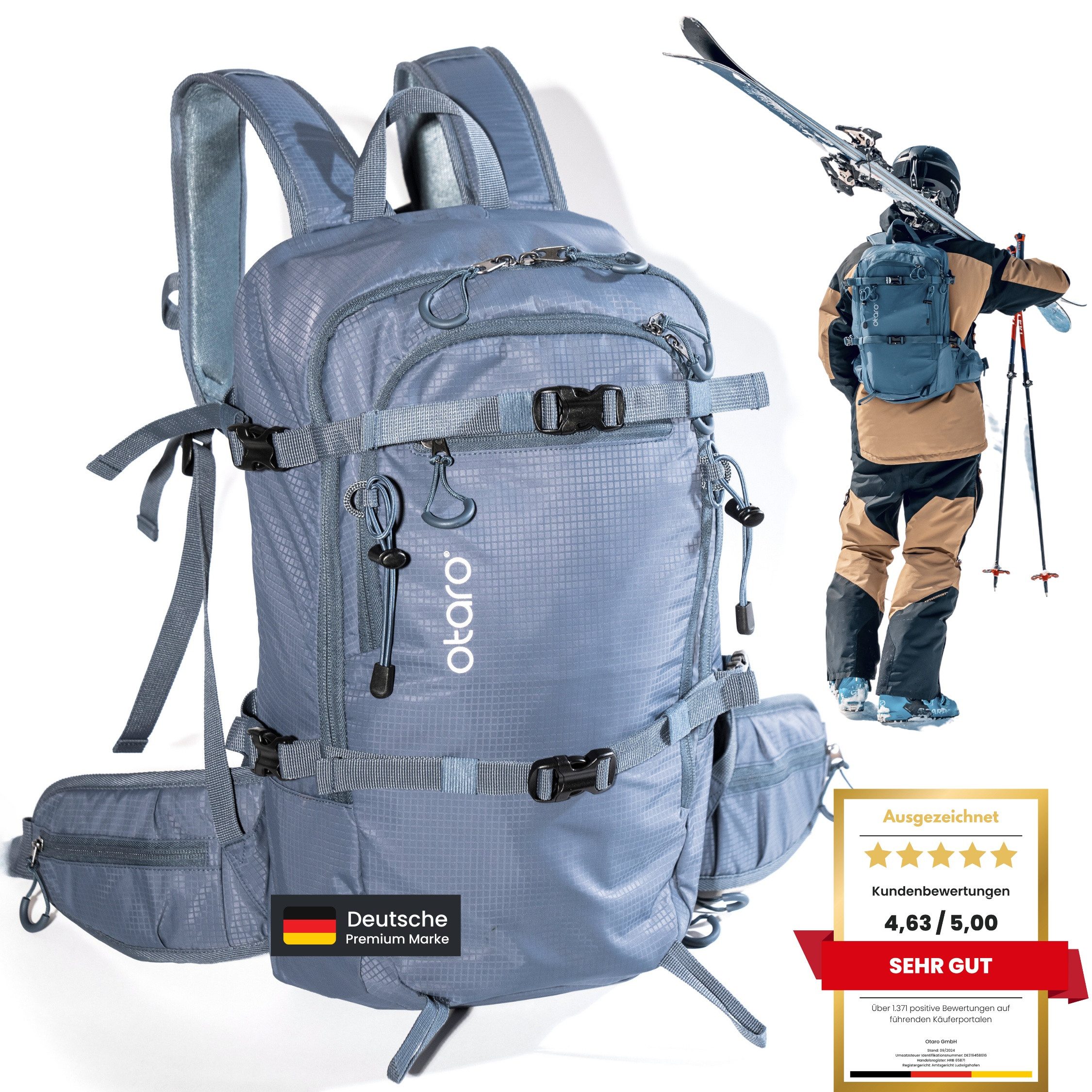 Otaro Skirucksack Skirucksack ALPIN, 20L Gletscherblau mit Hüftgurt, Helmnetz (Schutz für deine Ausrüstung, für max. Bewegungsfreiheit)