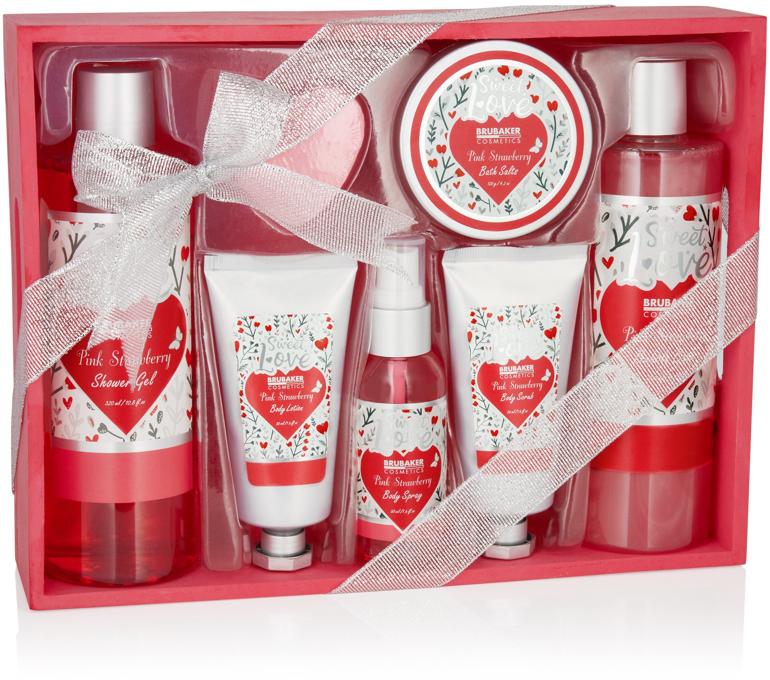 BRUBAKER Hautreinigungs-Set Dusch- und Badeset "Sweet Love", 8-tlg., Damen Geschenkset im Blumen Design, Herz Pflegeset mit Erdbeeren Duft, Beauty Wellness Set für Frauen