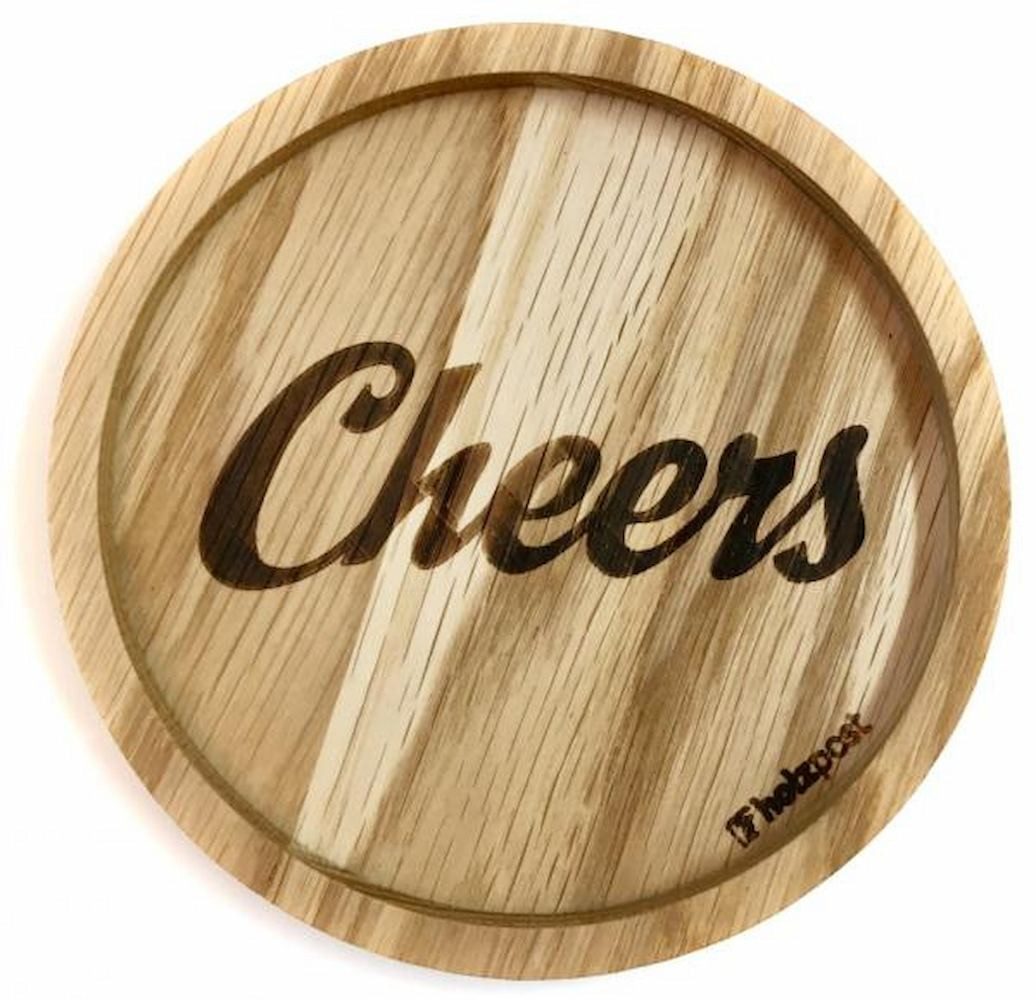 holzpost GmbH Getränkeuntersetzer Cheers, 1-tlg., massives Eichenholz, Runde Einkerbung