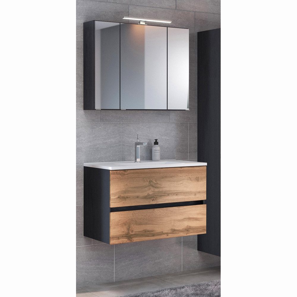 Lomadox Badmöbel-Set LOUROSA-03, (Spar-Set, 2-St), grau mit Wotaneiche Nb. 100/200/47 cm
