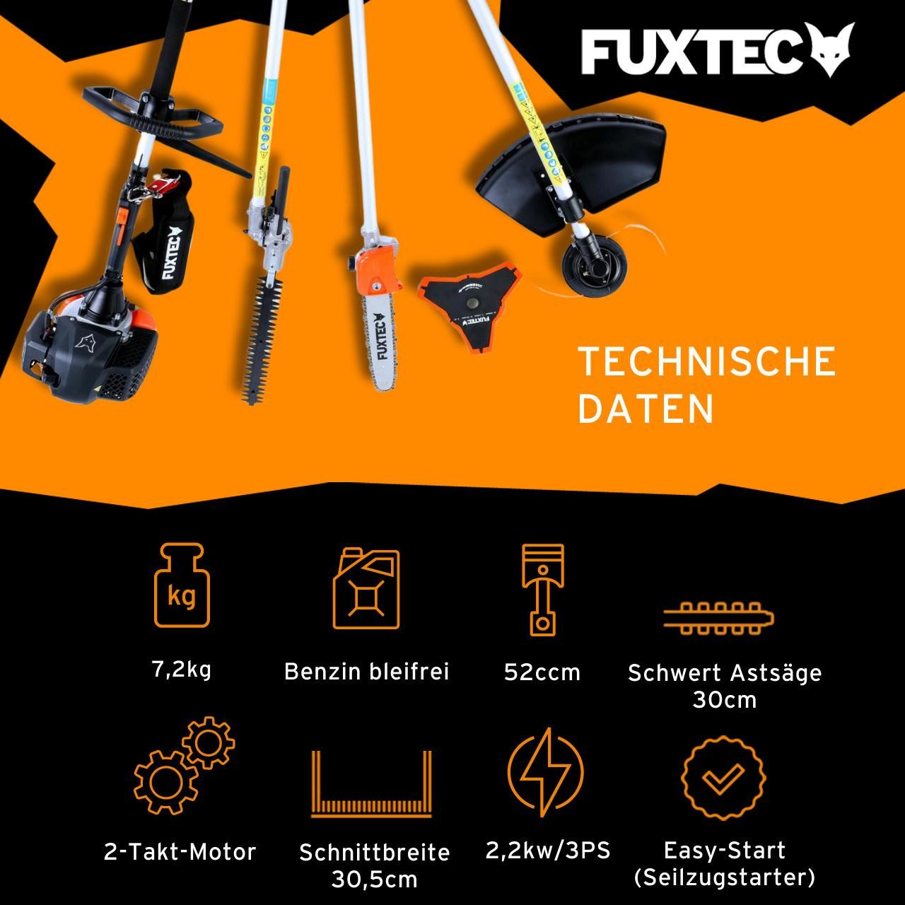 FUXTEC Benzin-Motorsense FX-MT152, 44 cm Arbeitsbreite Messer, 4in1 Tool 3PS, 52ccm, 32cm Schnittbreite, 40cm Schnittlänge