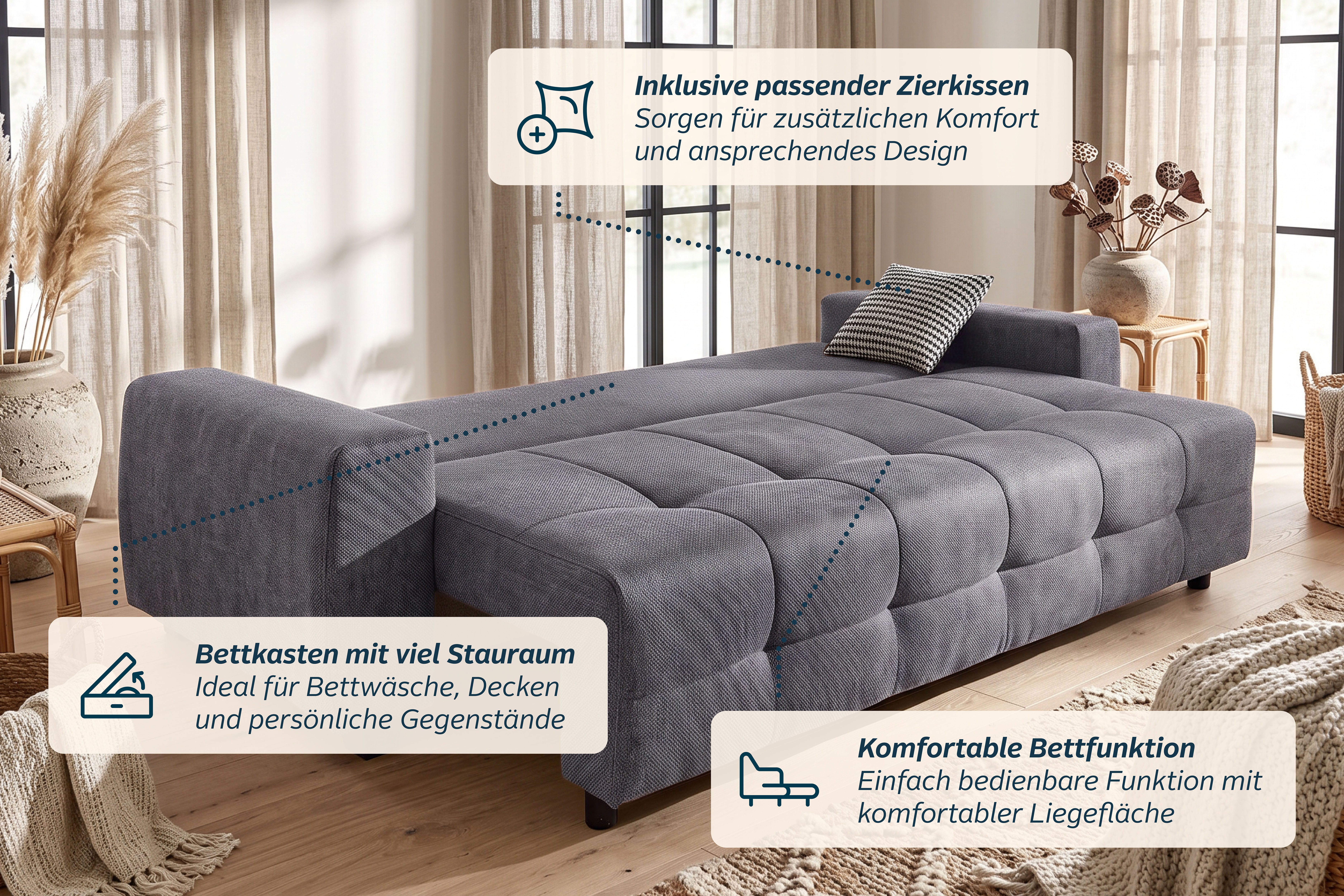 OTTO home Schlafsofa Bella mit Bettkasten, Gästebett 142x194, in 3 Qualitäten, inkl. Kissen, LUXUS - Taschenfedern mit Topper - Schlafen wie im Bett, Dauerschlä – Bild 4 von 5