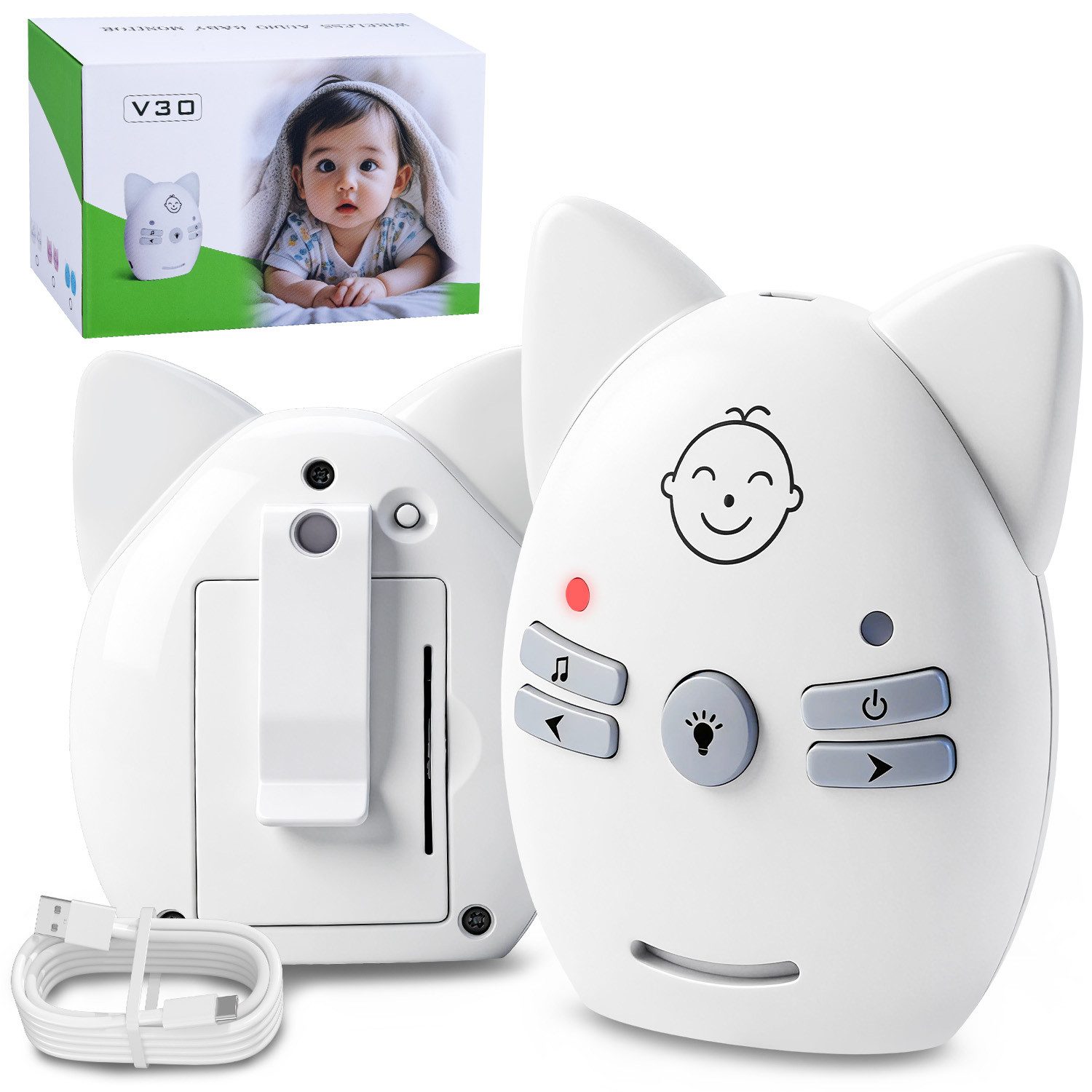 JVJH Babyphone Digital,300 m Reichweite,Mit Nachtlicht und Gegensprechfunktion, Akku- oder Netzbetrieb,Gürtelclip,Smart ECO-Modus, Sichere digitale Übertragung