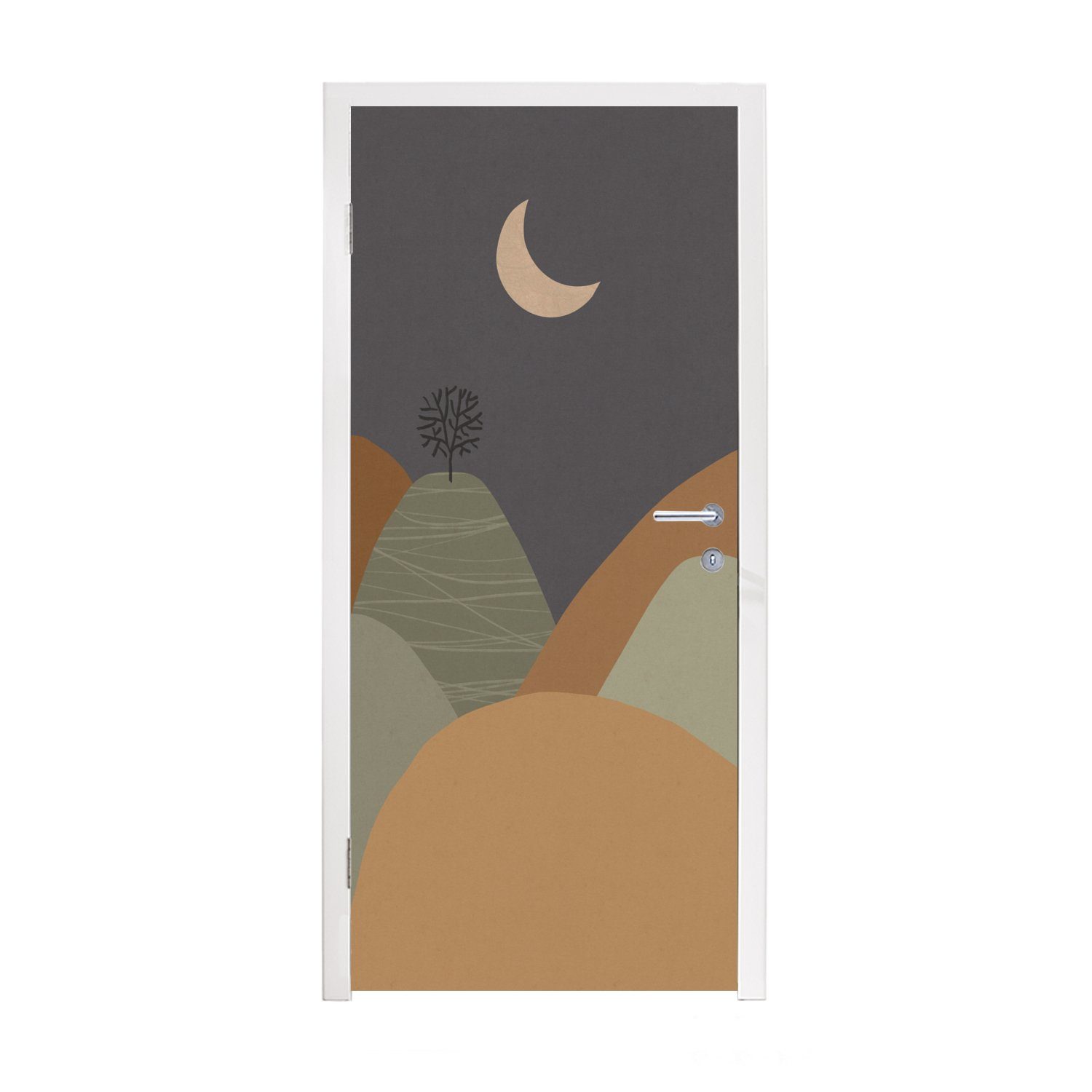 MuchoWow Türtapete Berg - Baum - Mond - Pastell, Matt, bedruckt, (1 St), Fototapete für Tür, Türaufkleber, 75x205 cm