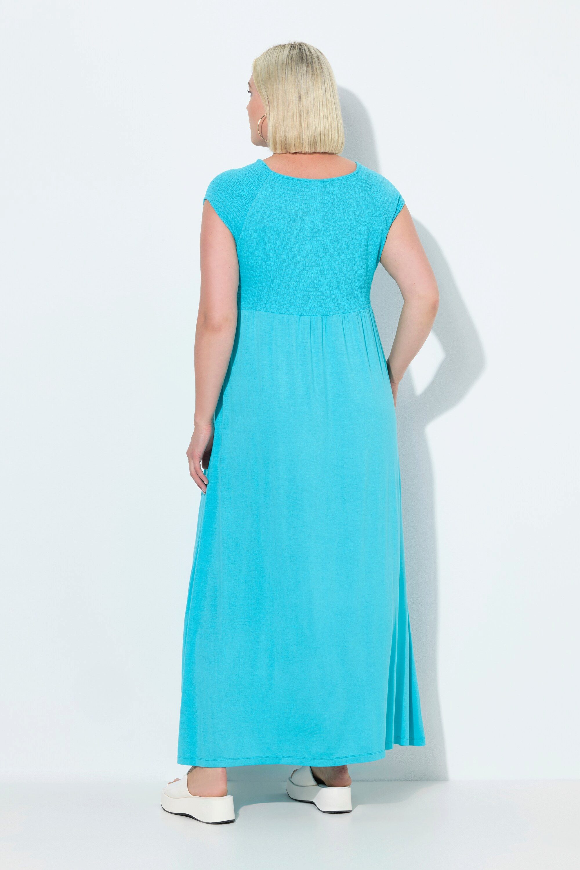 Ulla Popken Maxikleid Kleid A-Linie gesmokt Carré-Ausschnitt Halbarm