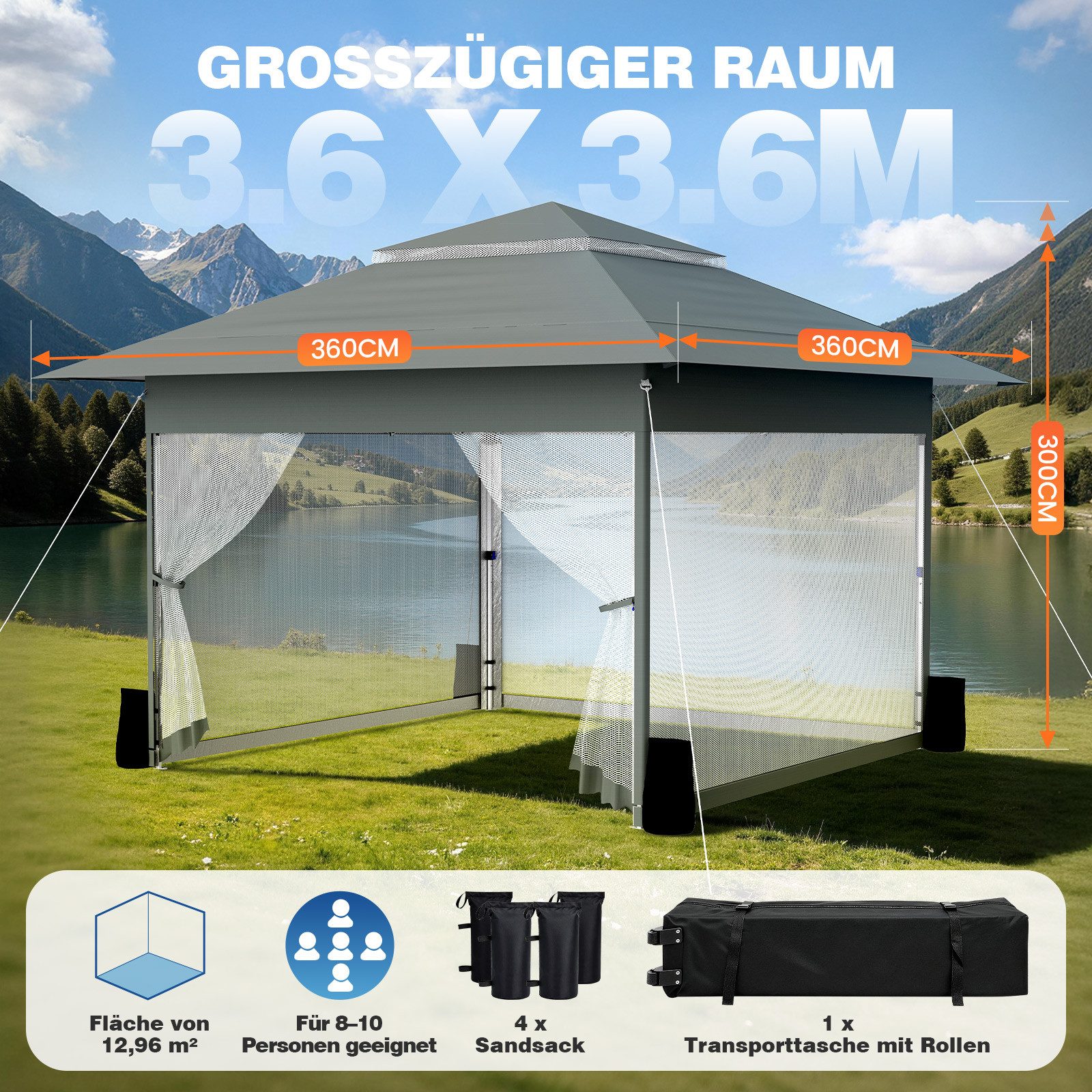 Huracan Faltpavillon 3,6x3,6 Höhenverstellbar Gartenpavillon, mit 4 Seitenteilen, mit 4 Moskitonetz Seitenteilen und Sandsäcke, Pop Up Pavillon
