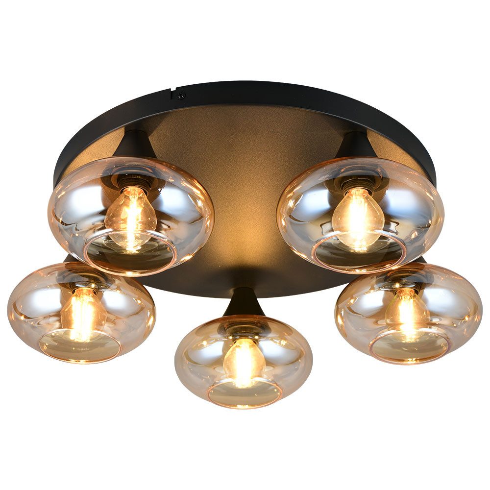 Reality Leuchten Deckenleuchte, Leuchtmittel nicht inklusive, Deckenleuchte Glas amberfarben Metall schwarz Wohnzimmerlampe 5xE14