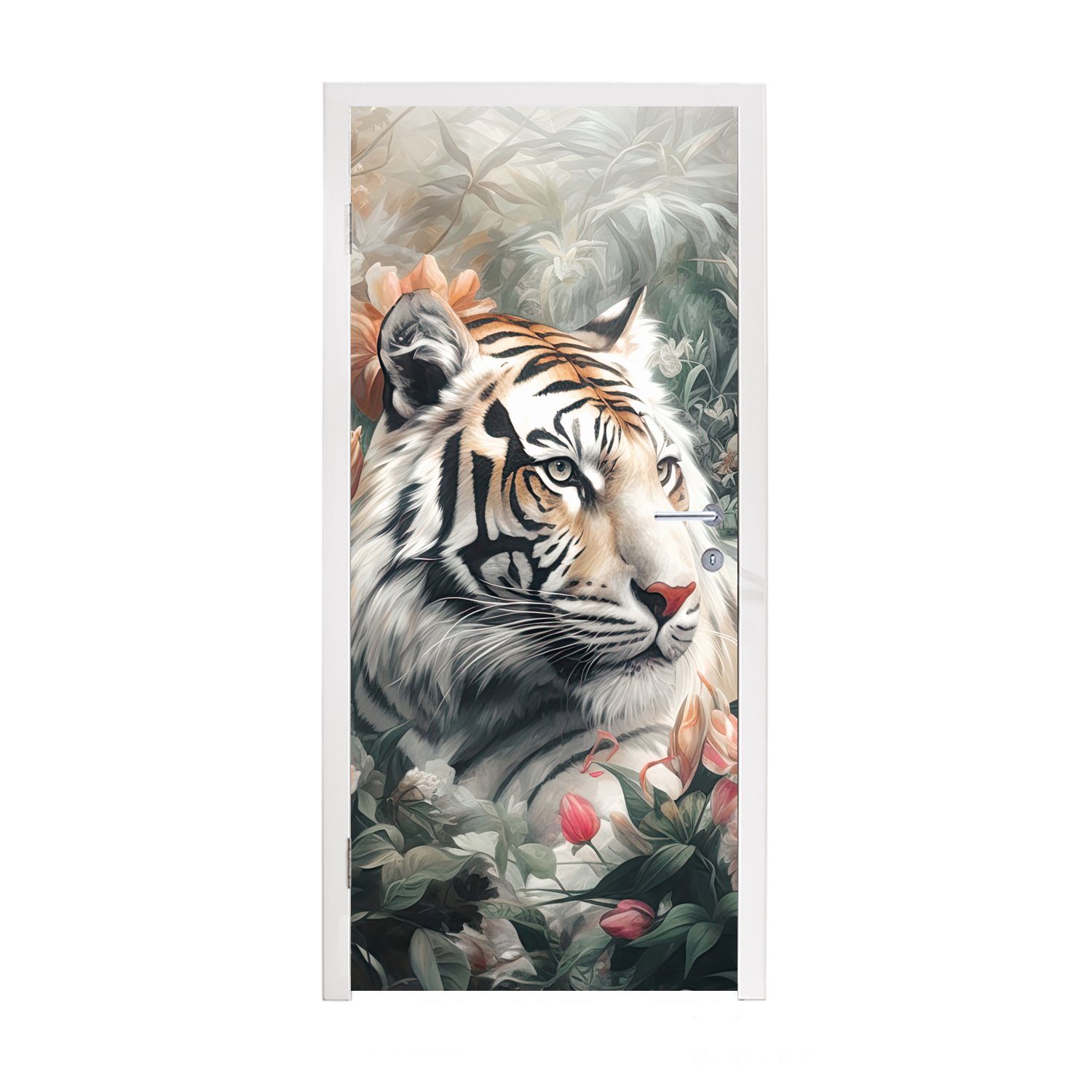 MuchoWow Türtapete Tiger - Wildtiere - Blumen - Dschungel, Matt, bedruckt, (1 St), Fototapete für Tür, Türaufkleber, 75x205 cm