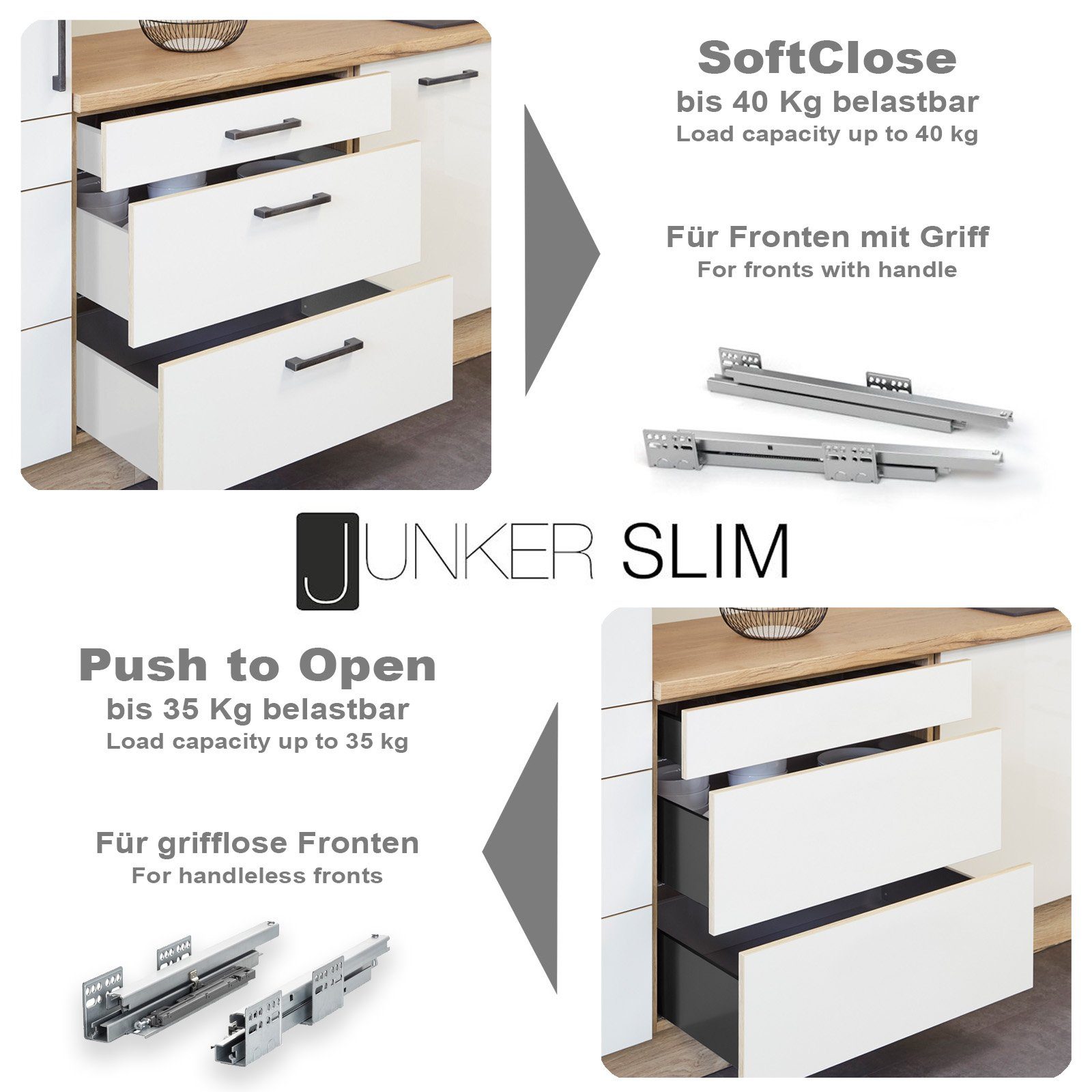 SO-TECH® Schubkasten System JUNKER SLIM H: 167 mm bis 35 kg Last mit Push to open, anthrazit, 13 mm schlanke Schubladenzargen, Nennlänge 500 mm