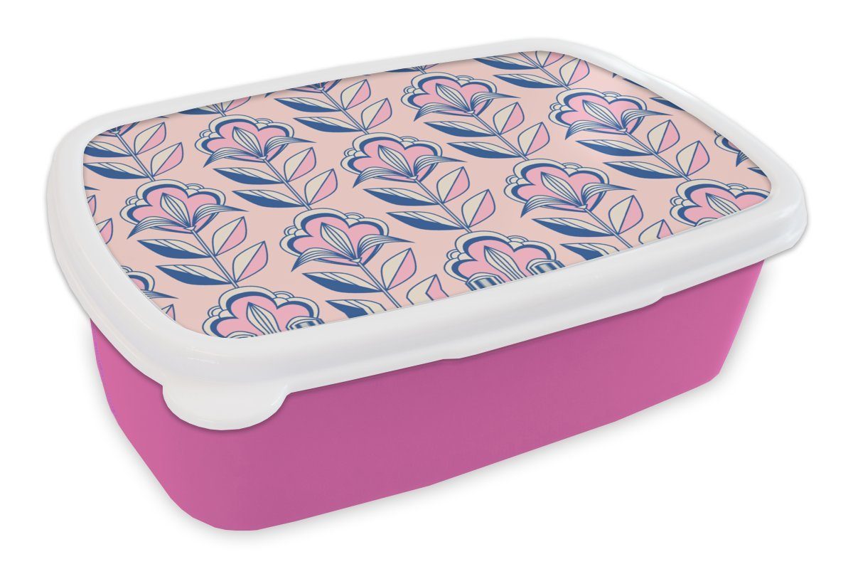 MuchoWow Lunchbox Retro - Design - Blumen, Kunststoff, (2-tlg), Brotbox für Erwachsene, Brotdose Kinder, Snackbox, Mädchen, Kunststoff rosa