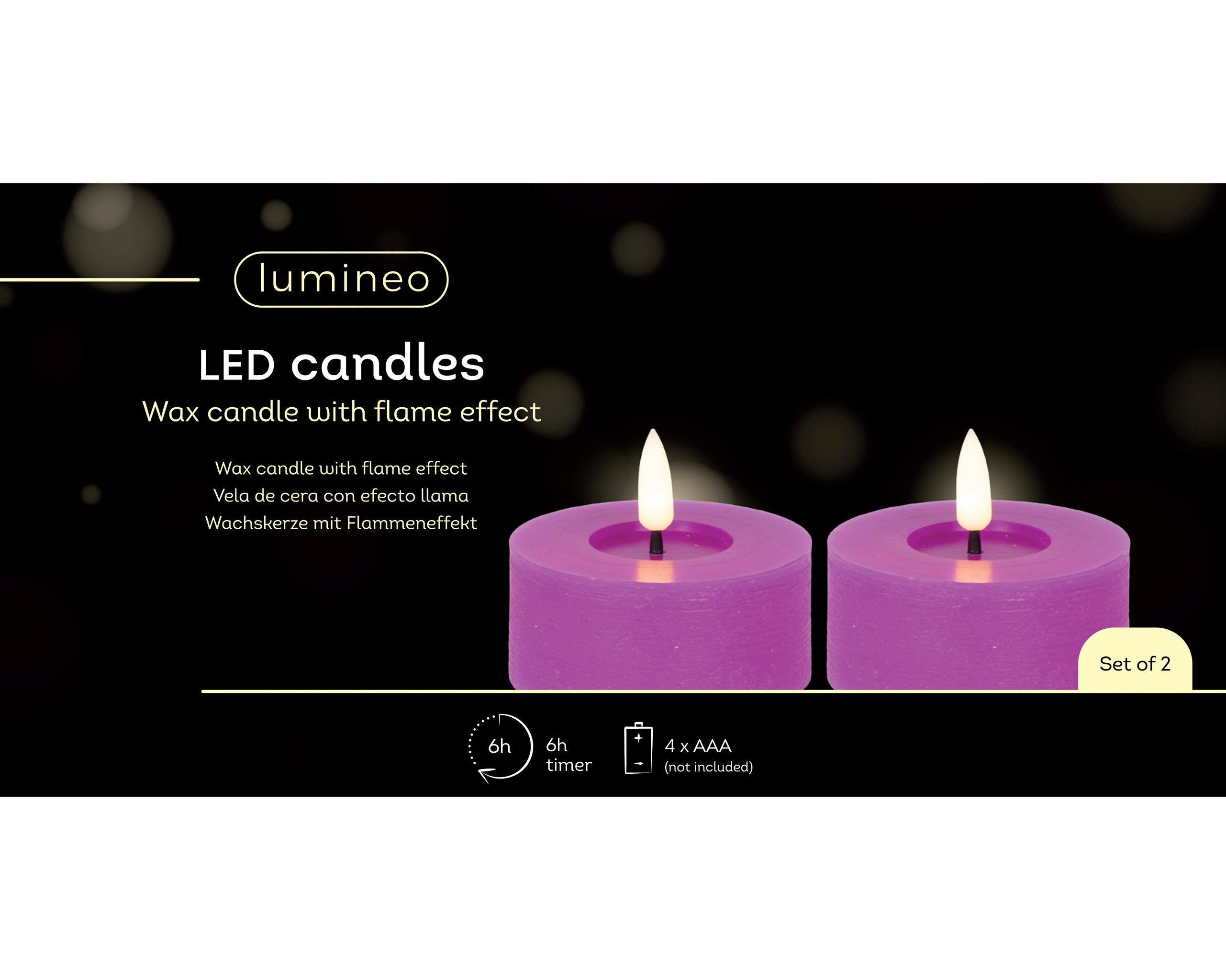 Lumineo LED-Kerze, LED Teelichter 7x6cm mit Timer Wachs 2 Stück Lila / Warmweiß
