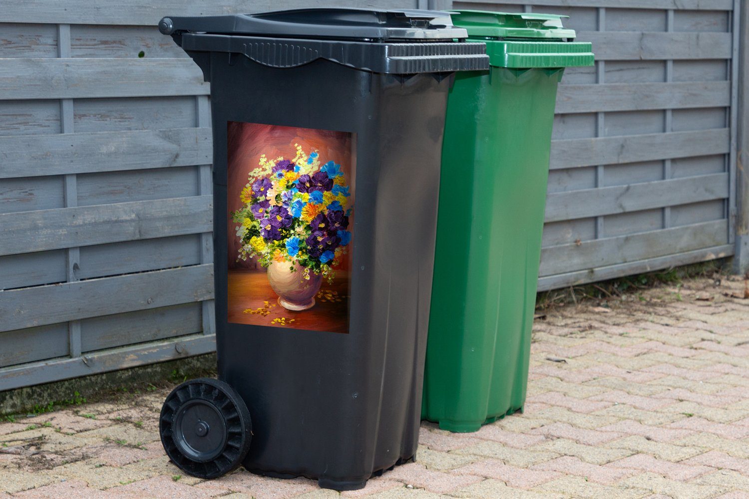 Sticker, Mülltonne, Ölfarbe Mülleimer-aufkleber, Blumenstrauß (1 Frühling Abfalbehälter Container, MuchoWow Wandsticker - - St),
