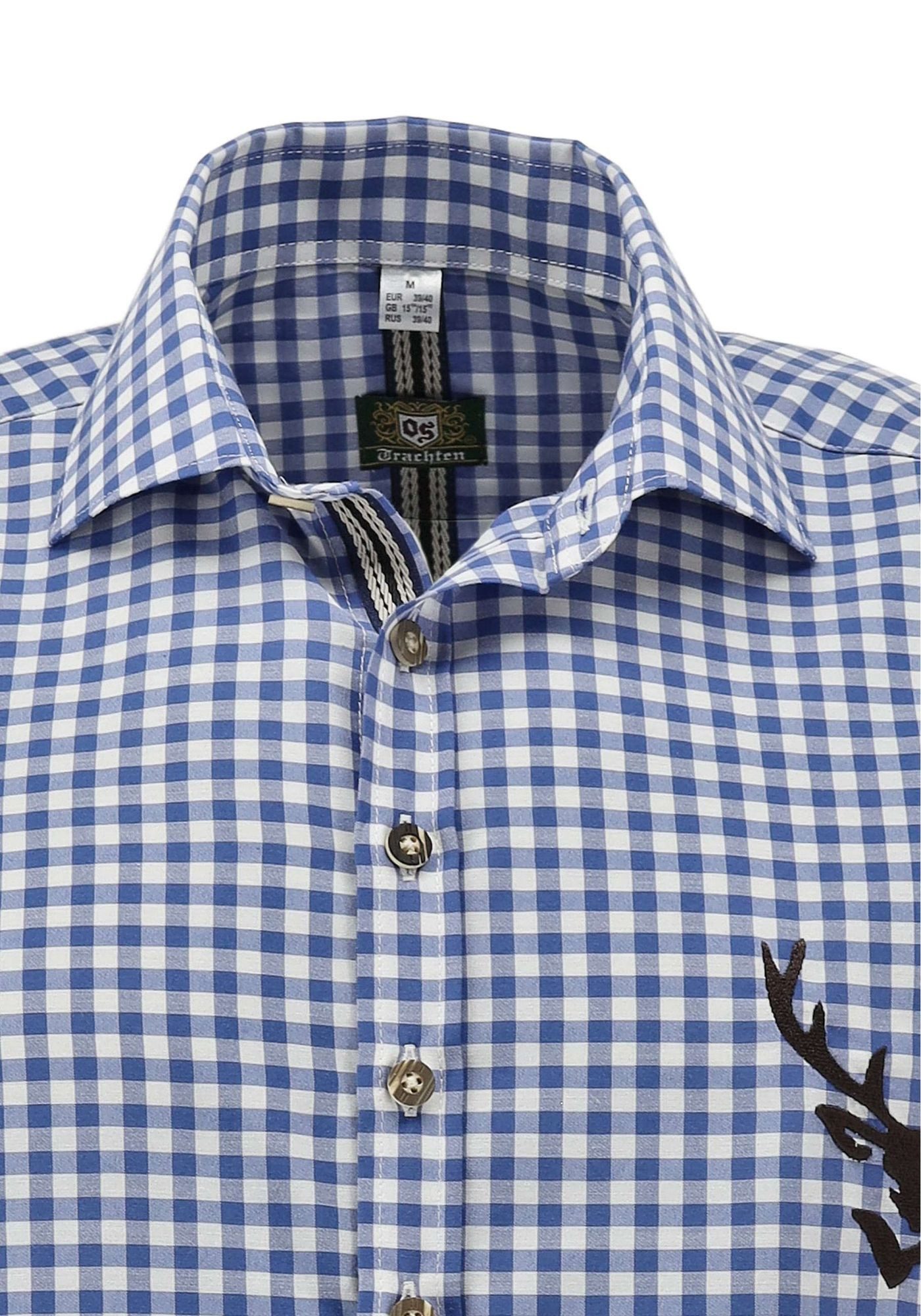 OS Trachten Trachtenhemd Lamenta Slim Fit, Haifischkragen, 1/1-Arm, Hirschdruck auf der Brust, Zierband