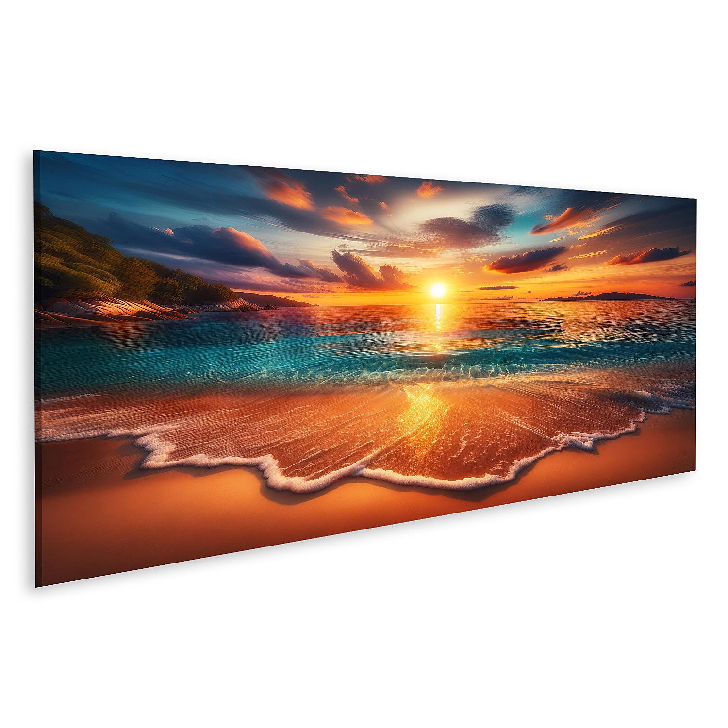 Leinwandbild Goldener Sonnenuntergang am ruhigen Strand