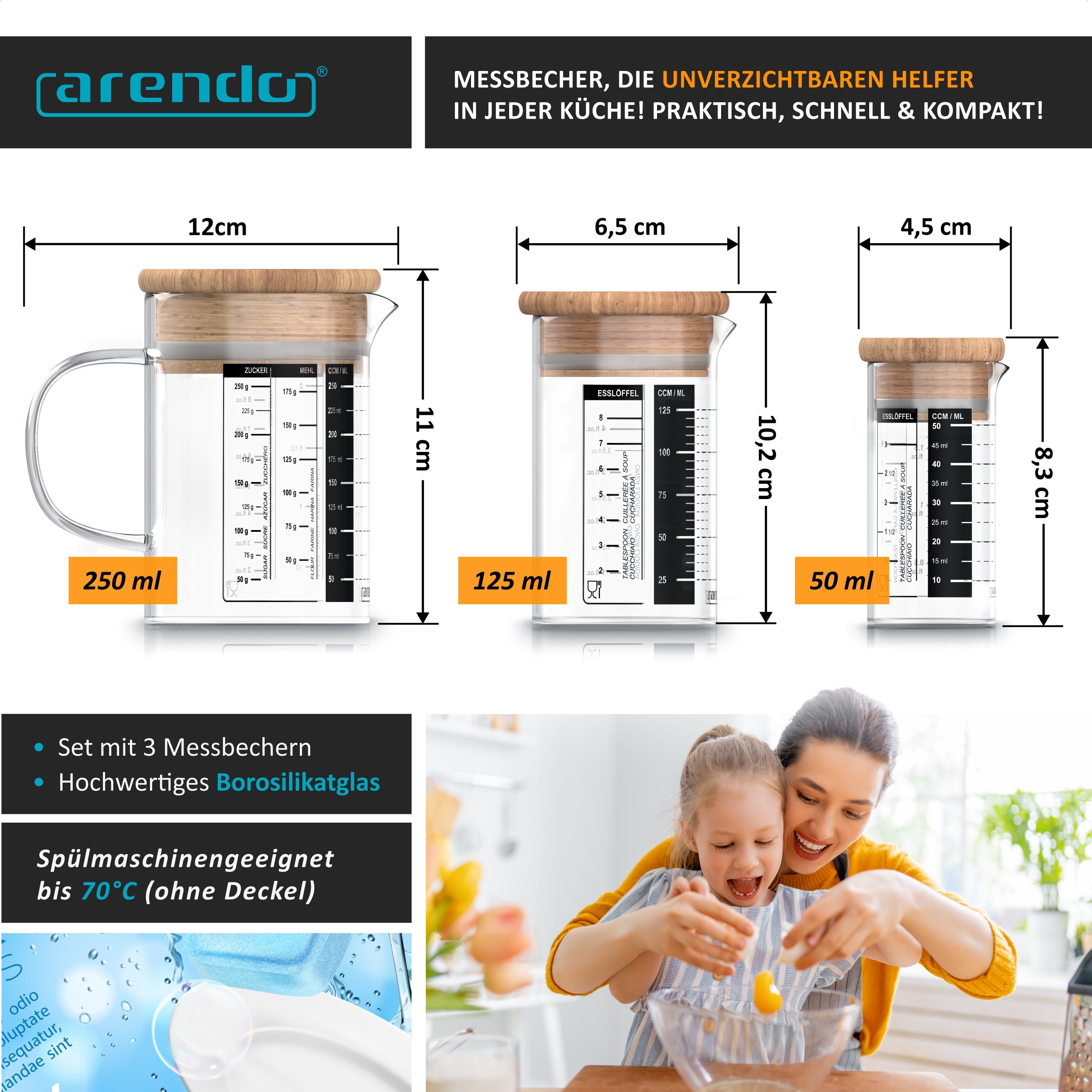 Arendo Messbecher 50ml, 125 ml & 250 ml Glas Messkrug Set mit Bambusdeckel, luftdicht, Glas, (Set, 3-St), Küchenbehälter, Silikondichtung, für Mehl Zucker Gewürze Süßigkeiten