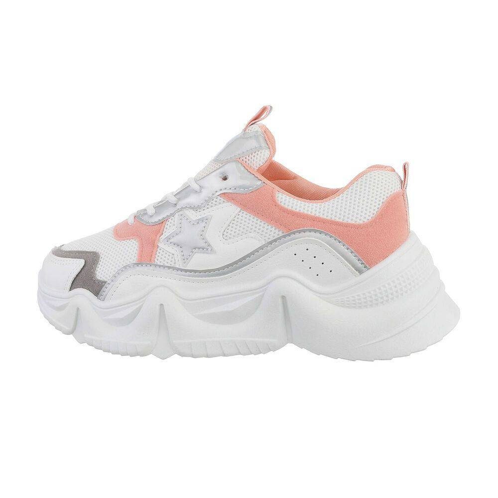 Ital-Design Damen Low-Top Freizeit Sneaker Flach Sneakers Low in Weiß Weiß, Rosa