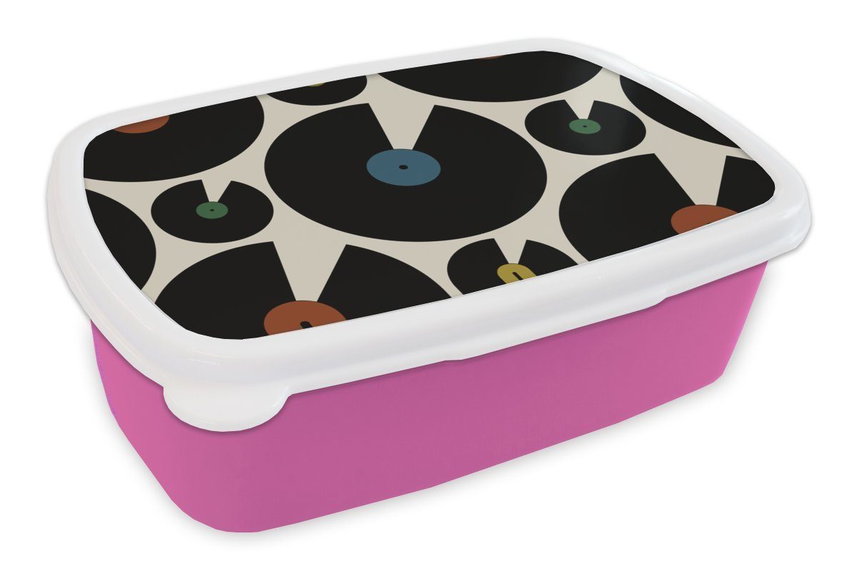 MuchoWow Lunchbox Musik - Platten - Muster, Kunststoff, (2-tlg), Brotbox für Erwachsene, Brotdose Kinder, Snackbox, Mädchen, Kunststoff rosa