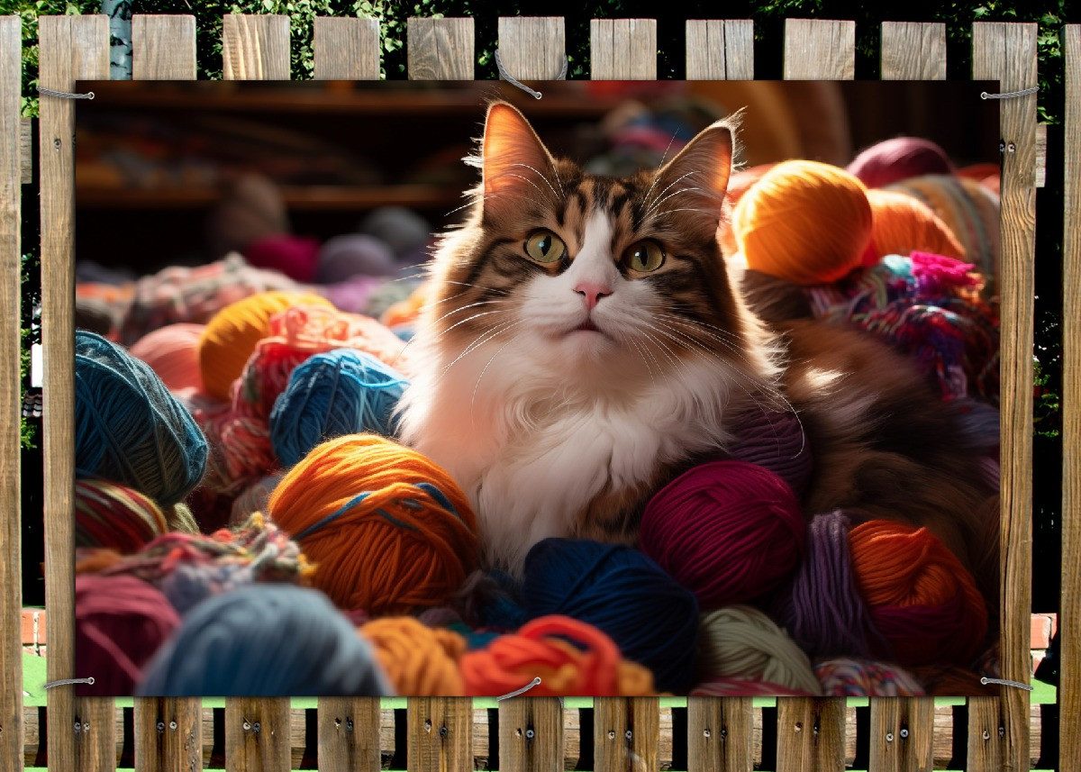 Thumbnail - Wallario Sichtschutzzaunmatten Katze in einem Berg von Wollknäuel