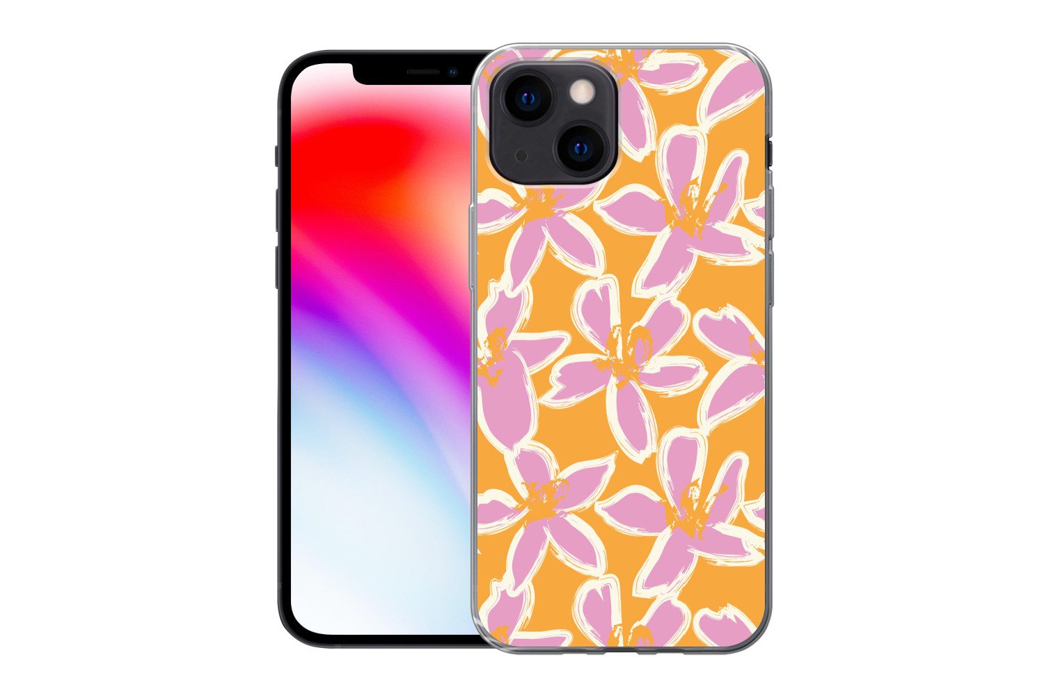 MuchoWow Handyhülle für Apple iPhone 13 mini Blumen - Muster - Rosa - Orange, Smartphone-Bumper, Print, Handy Schutzhülle Dünn