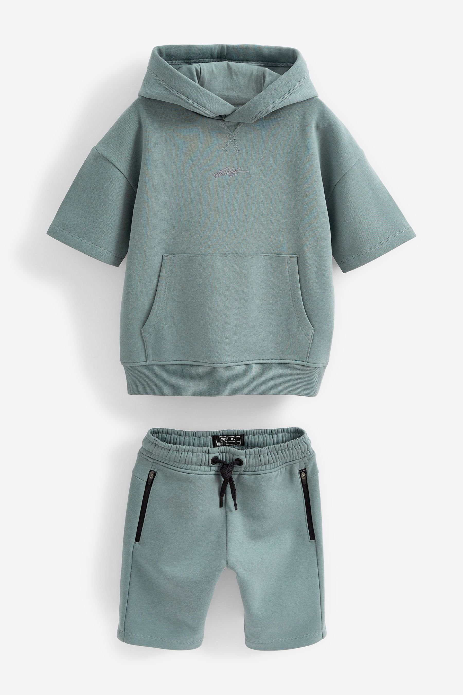 Next Shirt Kurzärmeliges (2-tlg) Grey Kapuzensweatshirt Shorts & im Mineral und Set Shorts