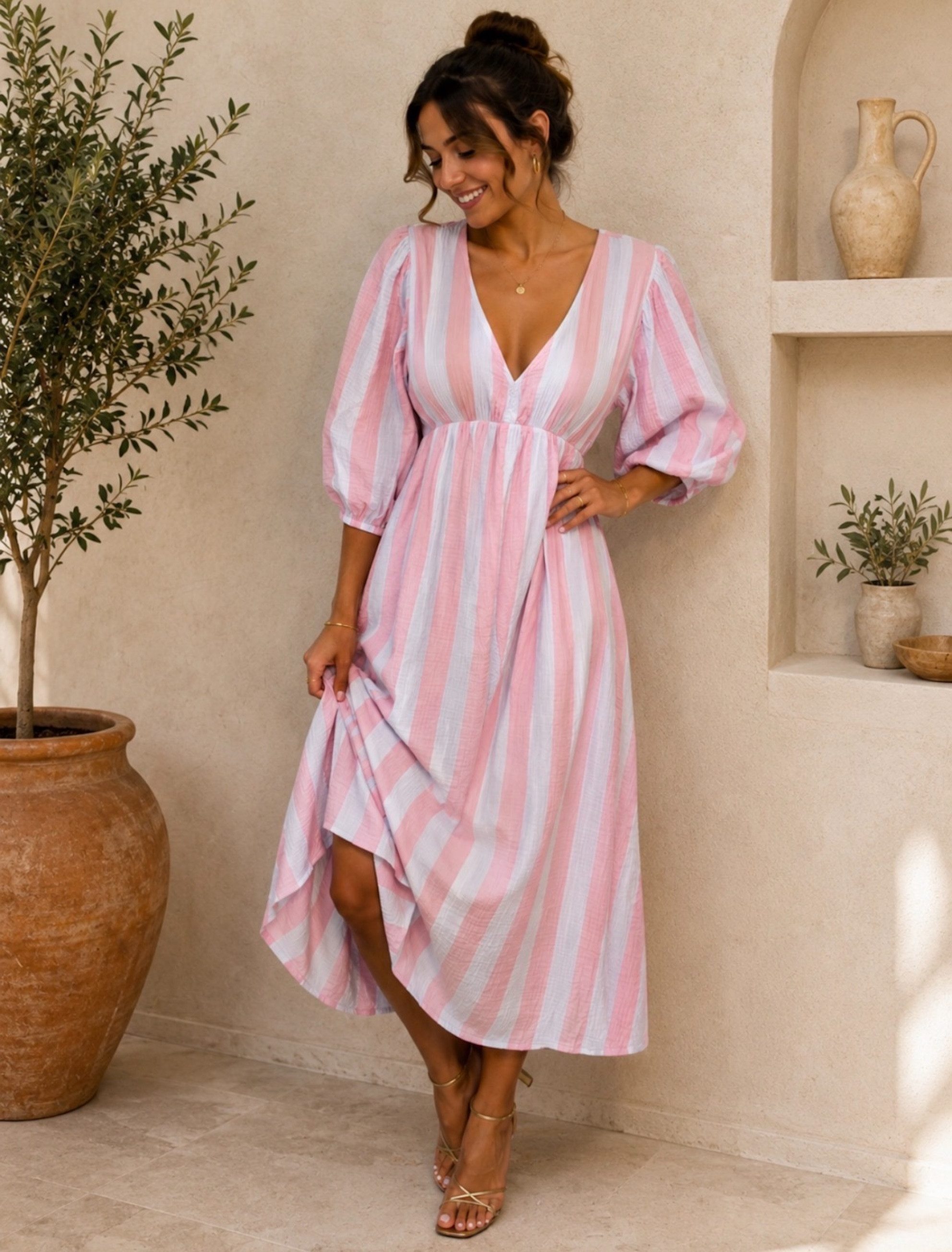 Worldclassca Sommerkleid Worldclassca Musselin Sommerkleid Streifen Lang Gestreift Strand Dress Neue Kollektion - Stilvolle und gemütliche Sommer Mode für Damen