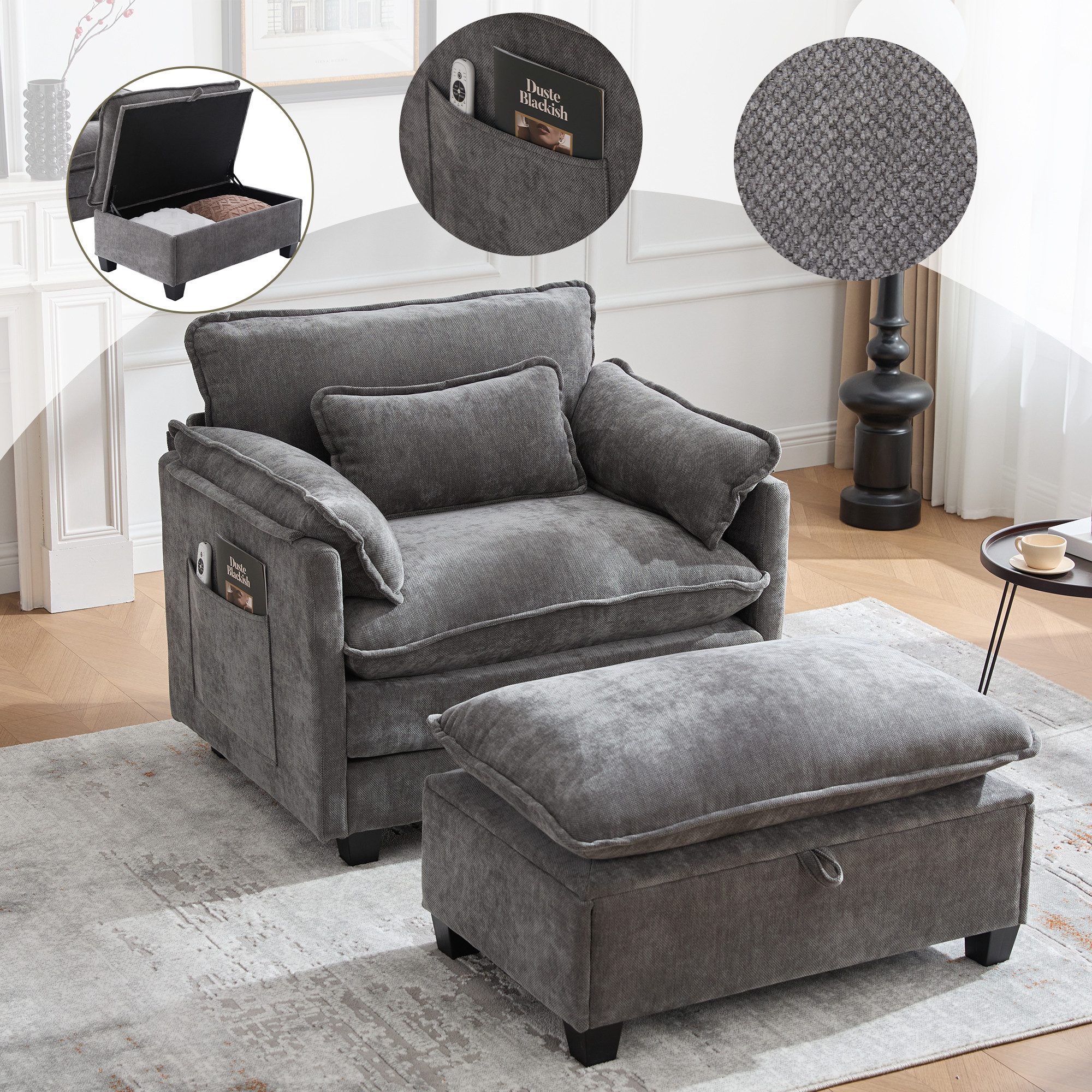 Totnz Sessel mit Hocker und Stauraum, Chenille Stoff, Seitentaschen (mit Hocker und Stauraum, Chenille Stoff, Seitentaschen, breite Sitzfläche mit Armlehnen, stabile Struktur), für Wohnzimmer, Schlafzimmer und kleine Räume