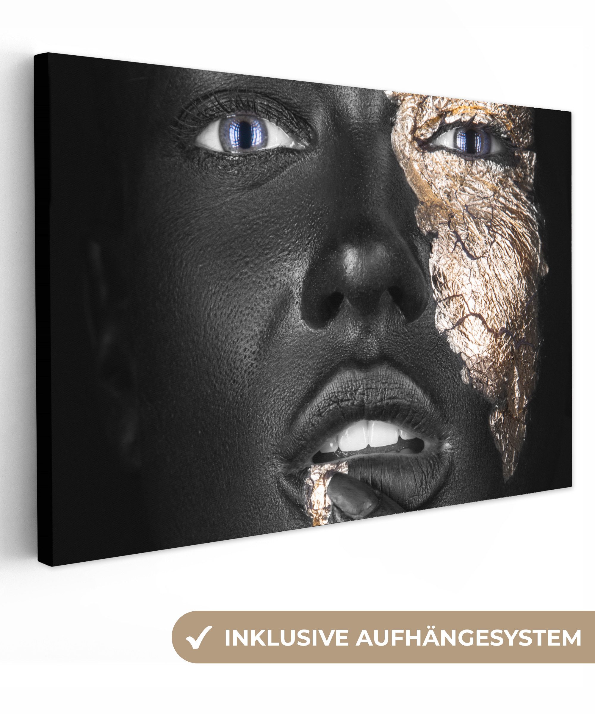 OneMillionCanvasses® Leinwandbild Frau - Blattgold - Schwarz - Haut - Luxus, Fotodruck (1 St), Leinwandbilder XXL Wohnzimmer, Deko Aesthetic 150x100 cm