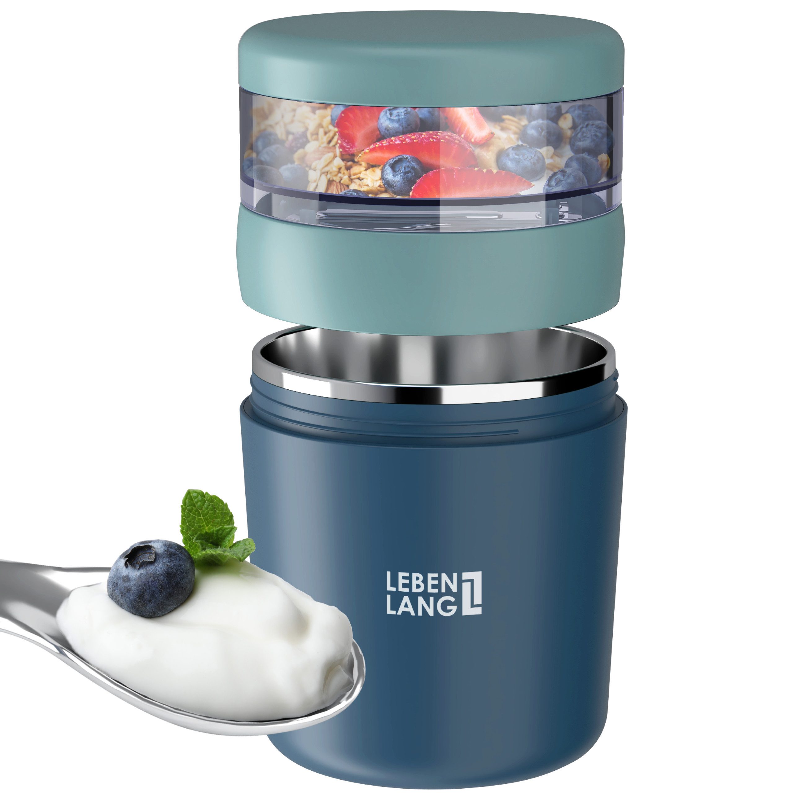 Lebenlang Aufbewahrungsbecher Müslibecher, Isolierende Edelstahlinnenwand, ToGo mit Löffel & 650ml, (500ml Кружки, 150ml Aufsatz, Drehvershluss, faltbarer Löffel), Auslaufsicher & Perfekt für Schule, Kita, Büro oder Uni