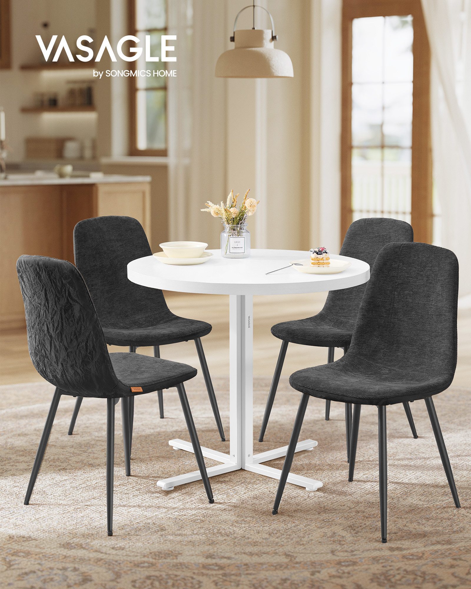 VASAGLE Essgruppe Runder Tisch mit Esszimmerstühlen, Essgruppe, (5-tlg), Küchentisch 80x80x74.8cm, 4 Esszimmerstühlen je 55 x 43,5 x 85,5 cm – Bild 2 von 5