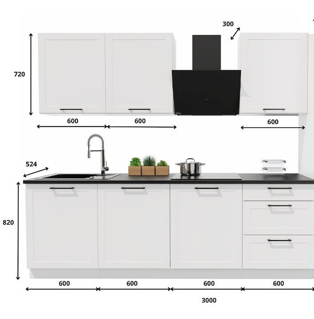 Möbel für Dich Küchenzeile Landhaus Einbauküche Adele 240 cm 7-teilig, mit Rahmenfronten in Mattweiß, Metallgriffe