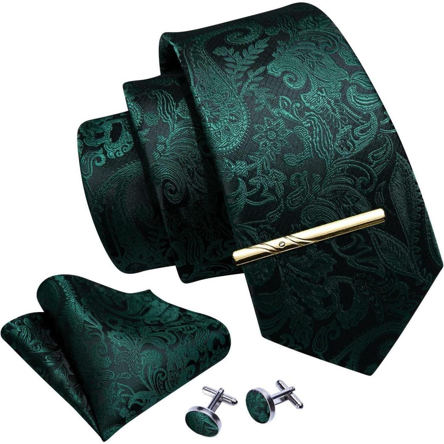 LuxusKollektion Krawatte Krawatte Herren Satin Paisley Einstecktuch Hochzeit Dunkelgrün Green (1-St) – Bild 2 von 3
