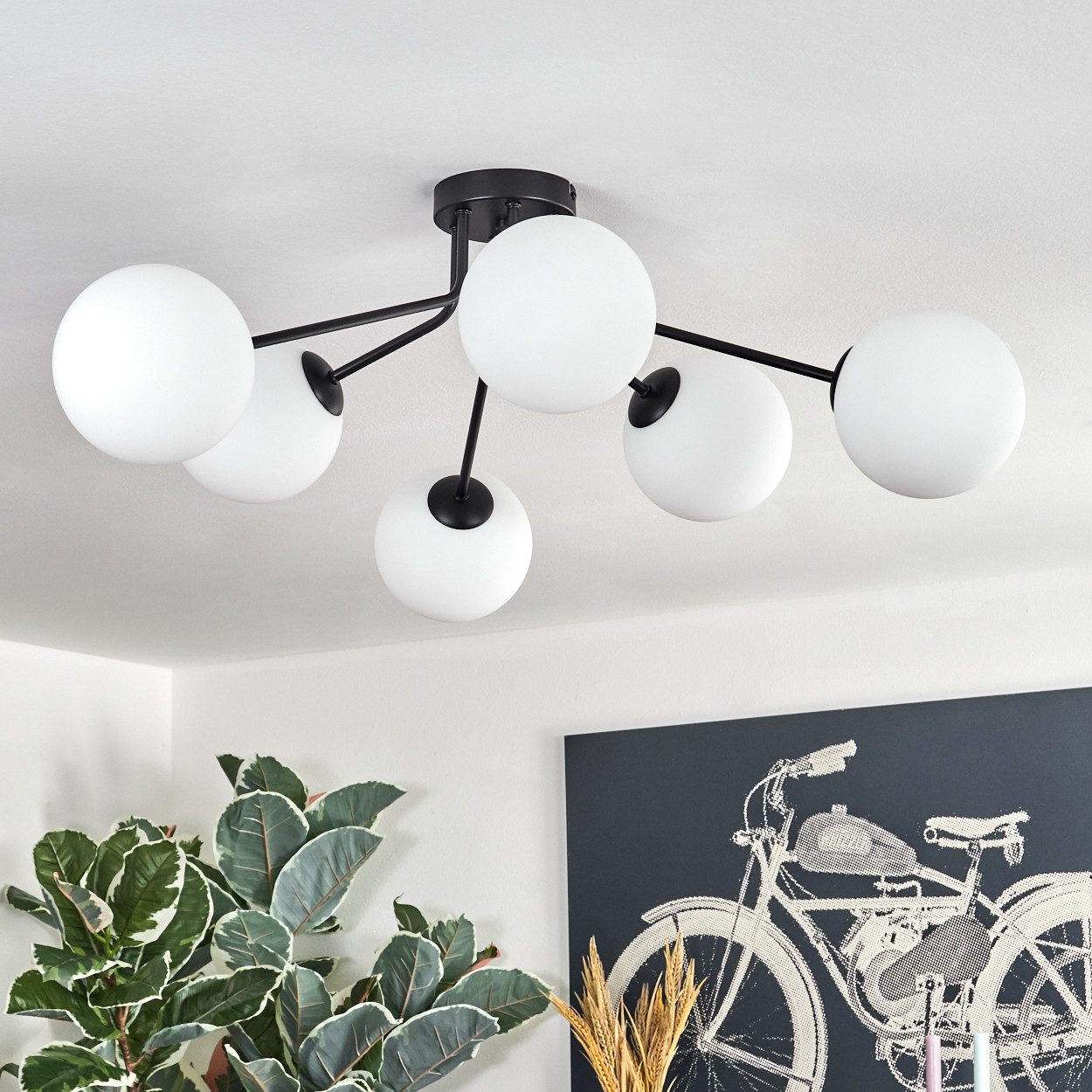 hofstein Deckenleuchte Deckenlampe aus Metall/Glas in Schwarz/Weiß, ohne Leuchtmittel, Leuchte im Retro/Vintage-Design mit Glasschirmen (15 cm), 6 x E14