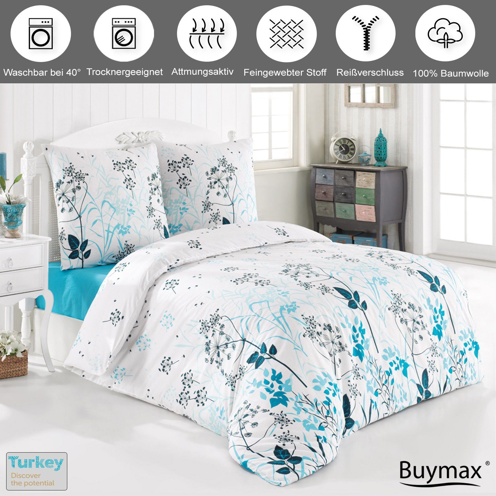 Buymax Bettwäsche Blue Garden, Renforce: 100% Baumwolle, 3 teilig, Bettwäsc günstig online kaufen