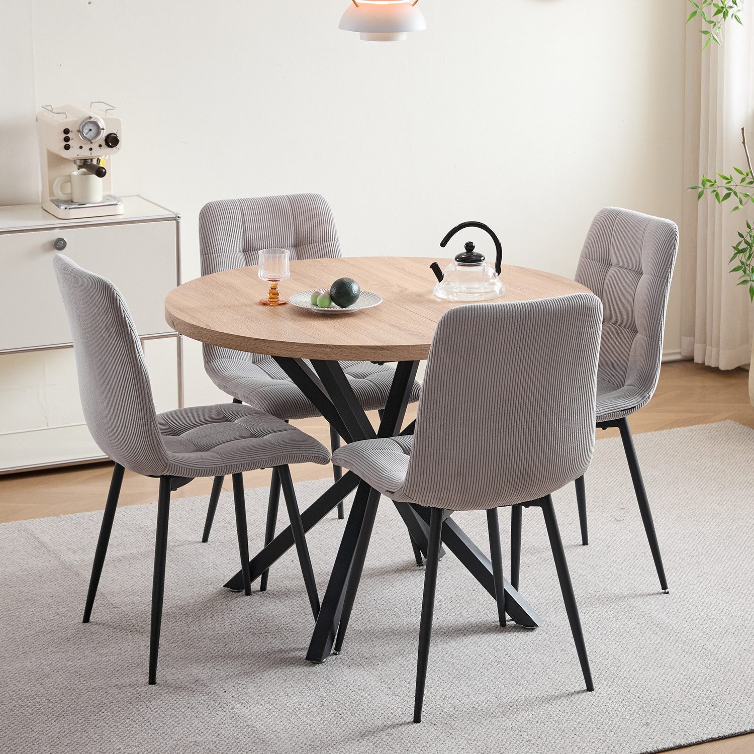 GrandCA HOME Essgruppe Tisch- und Stuhl-Set im Nordischen Stil, Essgruppe mit Stühlen, (5-tlg), Stühle aus Dutch Velvet / Cord, Metallbeine, Schwarz/Grau